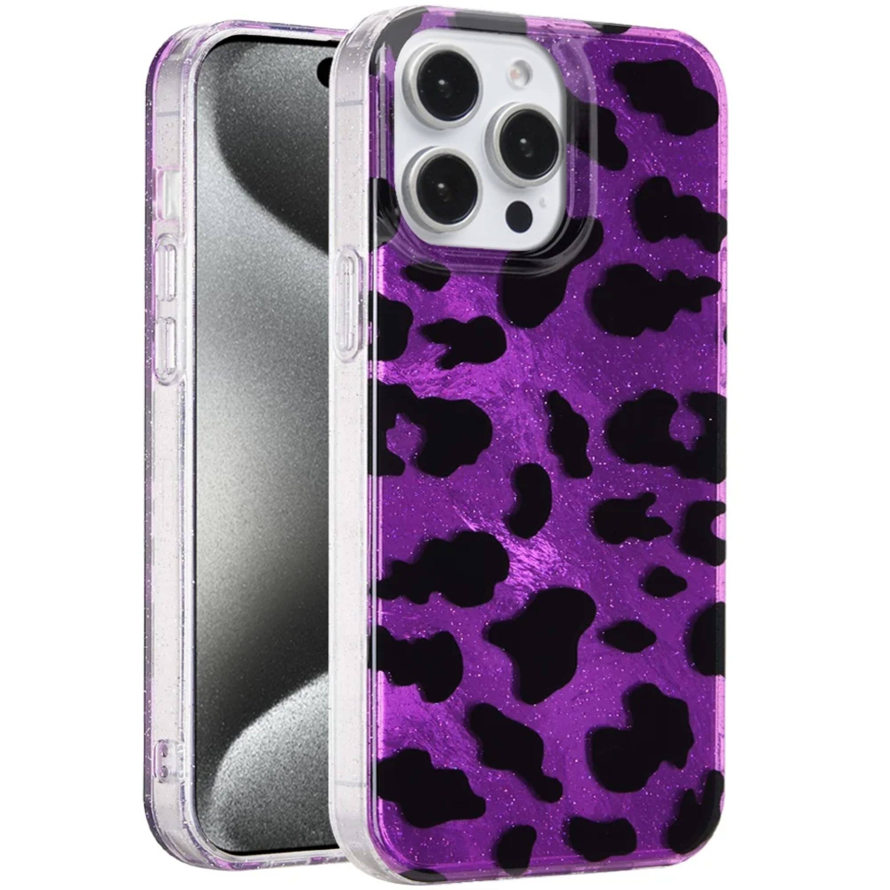 Left. Kitcheniva - Glossy Glitter In-Mold Case With Tempered Glass For iPhone 15 Pro Max Purple Leopard - Multicolor.
