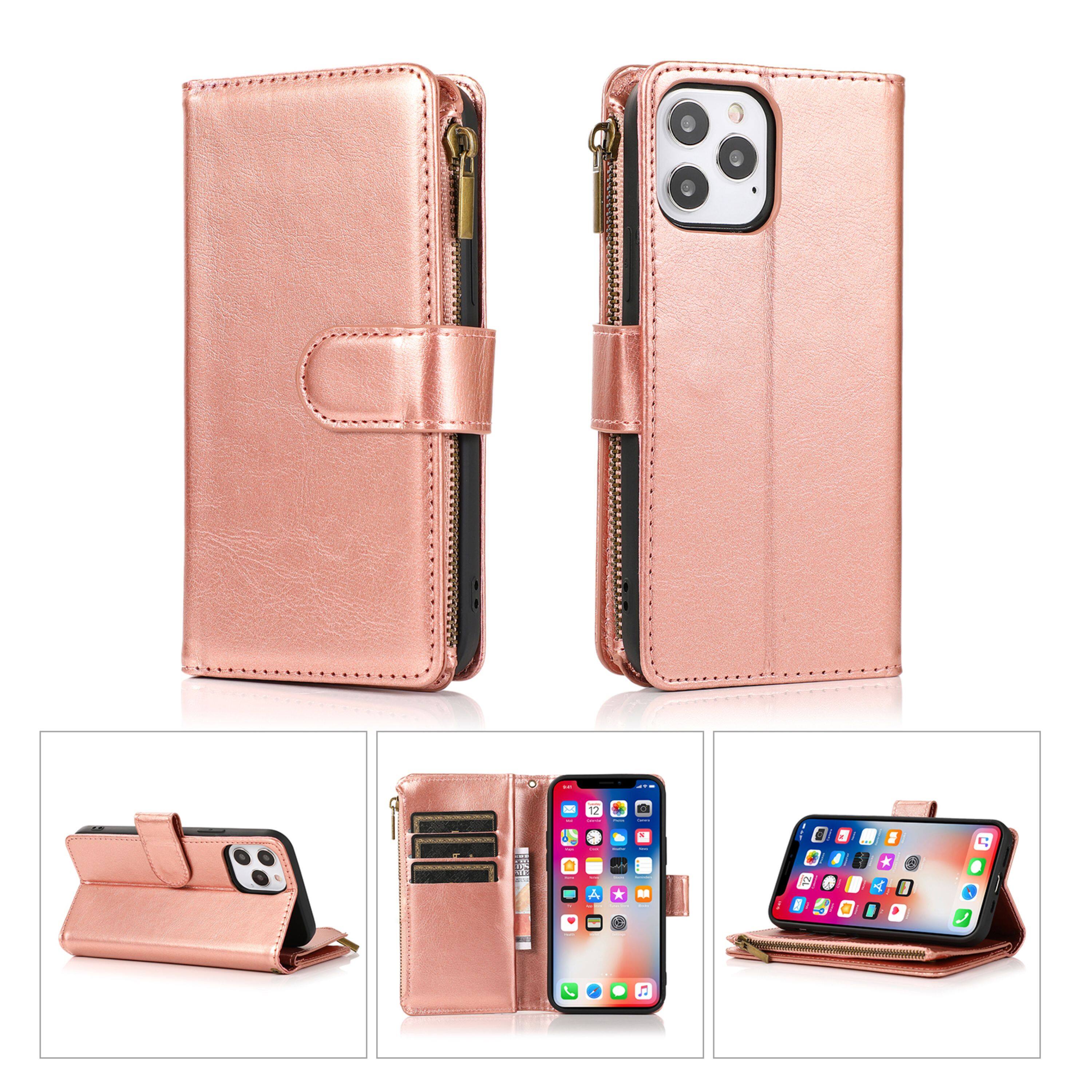 Angle. Kitcheniva - PU Leather Phone Wallet Zipper With Tempered Glass For iPhone 12/12 Pro Rose Gold - Rose Gold.