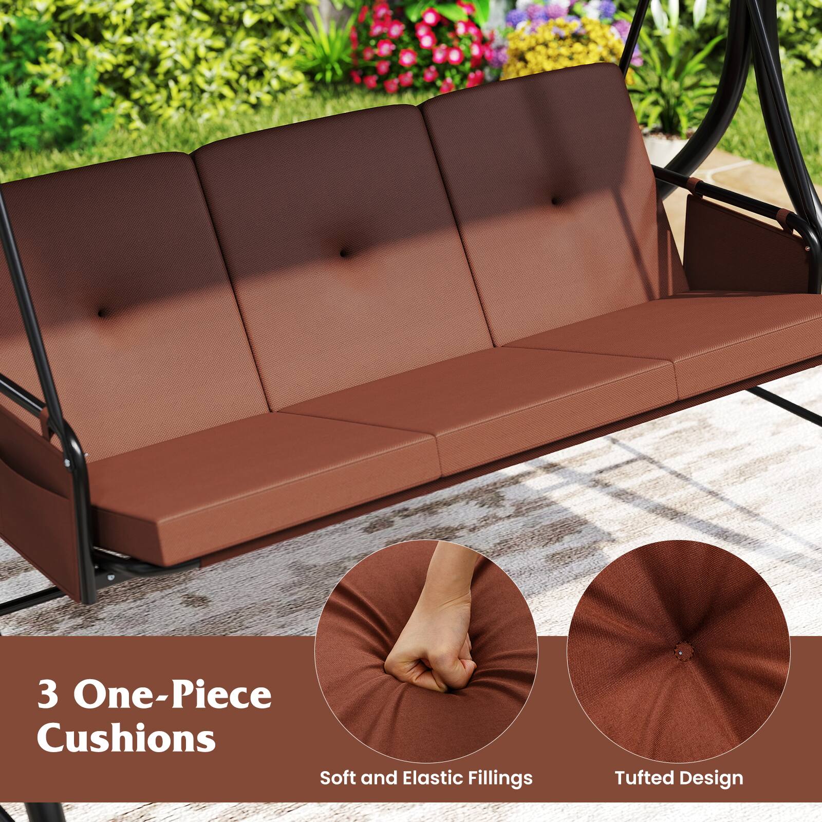 Alt View 5. Gymax - Gymax 3-Seat Patio Swing w/ Canopy & Removable Cushions & Side Pockets Stand Brown - Brown.