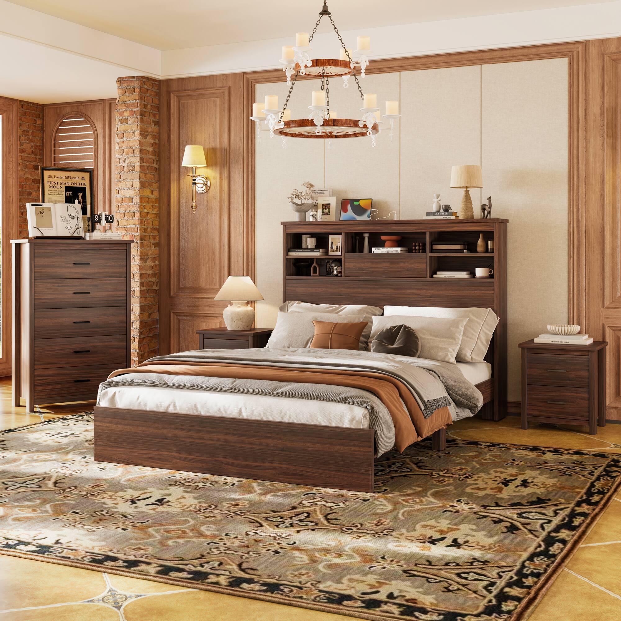 Angle. Anysun - 4-Piece Bedroom Set – Queen Size Wooden Bed Frame with Storage Headboard & Charging Station, 2 Nightstands, 1 Dresser - Walnut.
