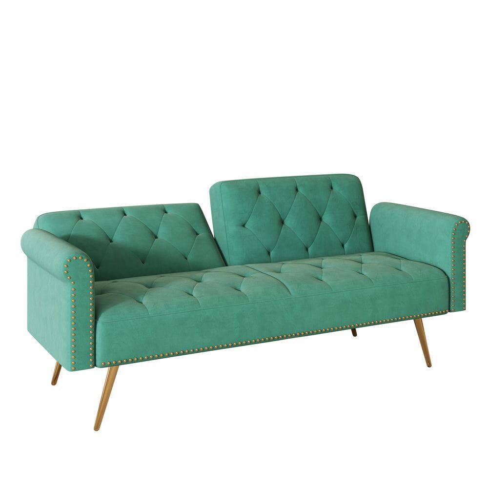 Alt View 4. Resenkos - 69.7" Velvet Sofa Bed with Nail Head Trim & Matching Throw Pillow - Green.