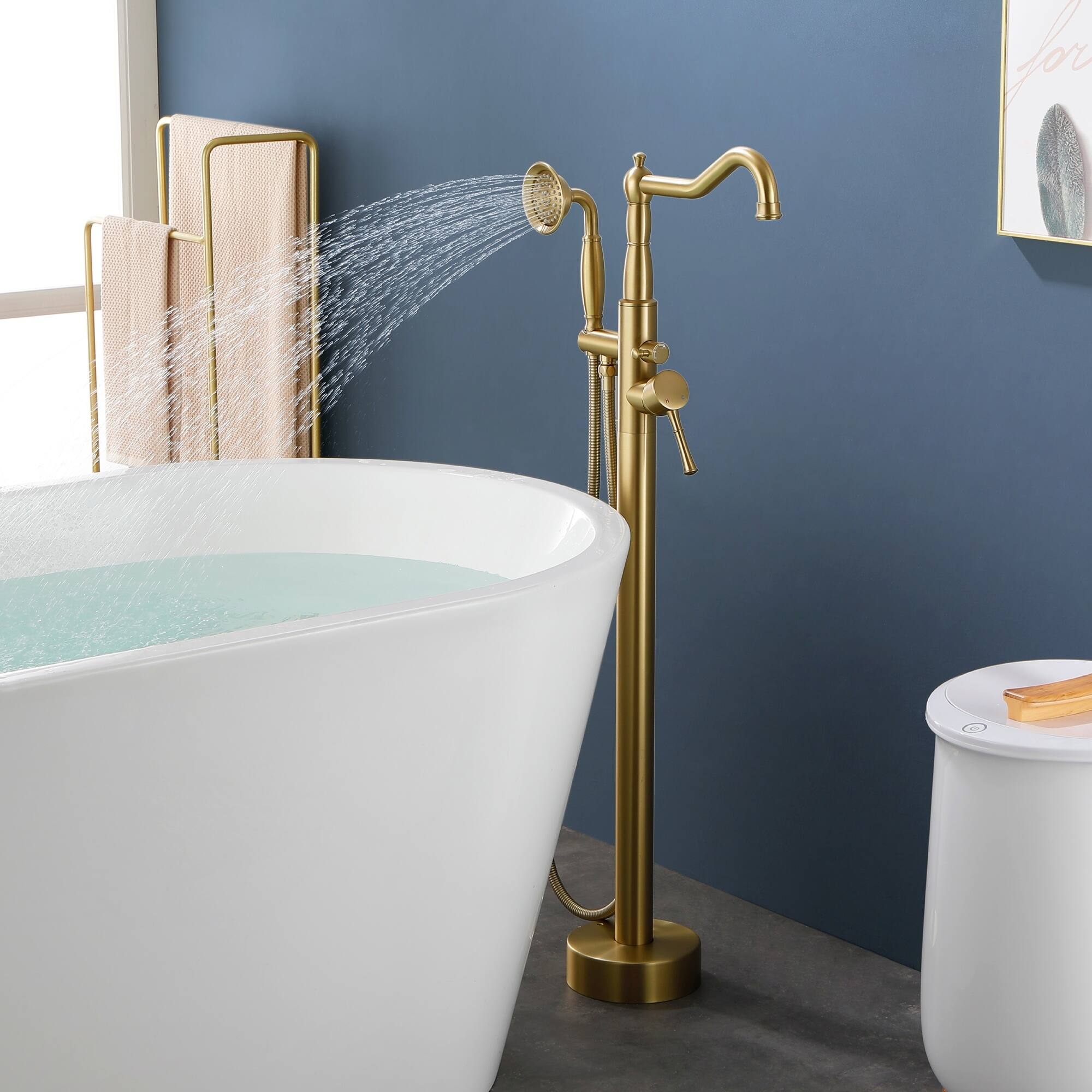 Alt View 2. Boyel Living - Brushed Gold Freestanding Tub Faucet Solid Brass 4.3GPM Spout 1.8GPM Handheld 360° Swivel cUPC - Brushed Gold.