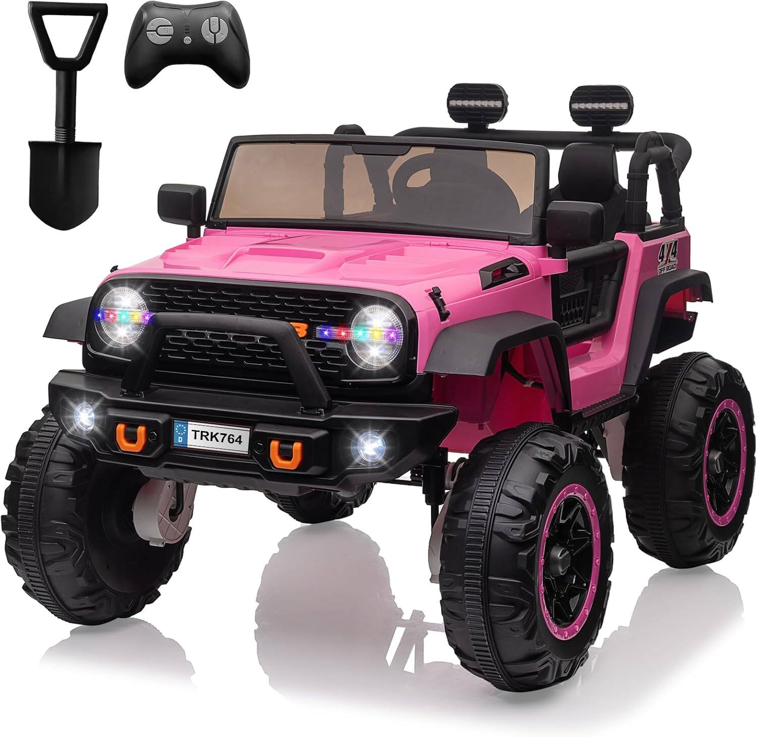 Front. Homhougo - 24V Kids Electric Ride On Truck, 2-Seater 4WD w/ Remote, LED Lights, Pink.