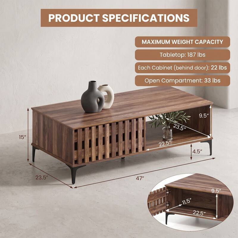 PRODUCT SPECIFICATIONS

MAXIMUM WEIGHT CAPACITY
- Tabletop: 187 lbs
- Each Cabinet (behind door): 22 lbs
- Open Compartment: 33 lbs

Dimensions:
- Height: 15"
- Width: 47"
- Depth: 23.5"
- Cabinet Height: 9.5"
- Cabinet Depth: 22.5"
- Cabinet Width: 11.5"