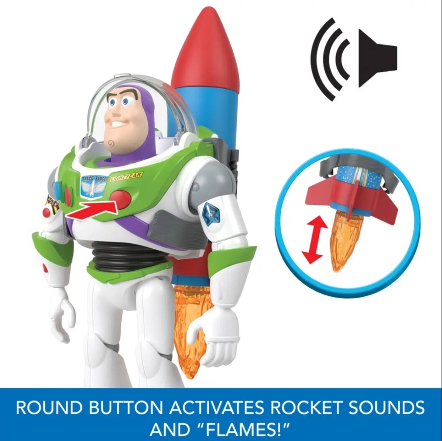 The corrected text is: "Space Ranger Lightyear. The round button activates rocket sounds and 'flames!'"

Explanation:
- "SPACE RANGE GHTYEAR ERER 2 ROUND BUTTON ACTIVATES ROCKET SOUNDS AND 'FLAMES!'" is corrected to "Space Ranger Lightyear. The round button activates rocket sounds and 'flames!'"
- "GHTYEAR" is corrected to "Lightyear."
- "ERER 2" is removed as it seems to be a typo or irrelevant text.
- "ROUND BUTTON ACTIVATES ROCKET SOUNDS AND 'FLAMES!'" is rephrased for clarity.