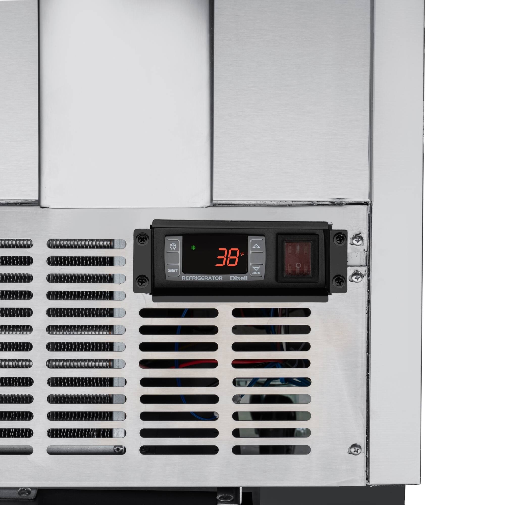 The image shows a refrigerator with a digital display that reads 38 degrees Celsius. The refrigerator is made of stainless steel, and it has a ventilation system with a fan and a vent. The display is located on the front of the refrigerator, making it easy to read the temperature.