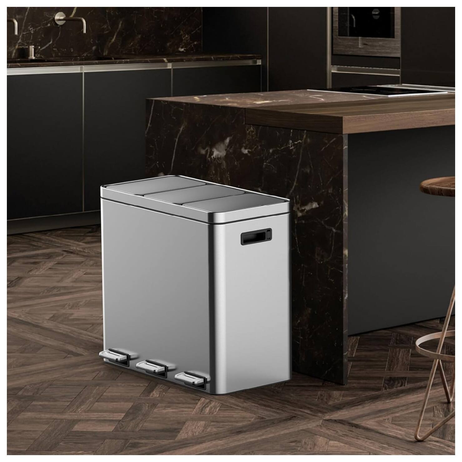 Back. GARVEE - Three Compartment Trash Can - 60L/16 Gal Stainless Steel Kitchen Trash Can - Silver.