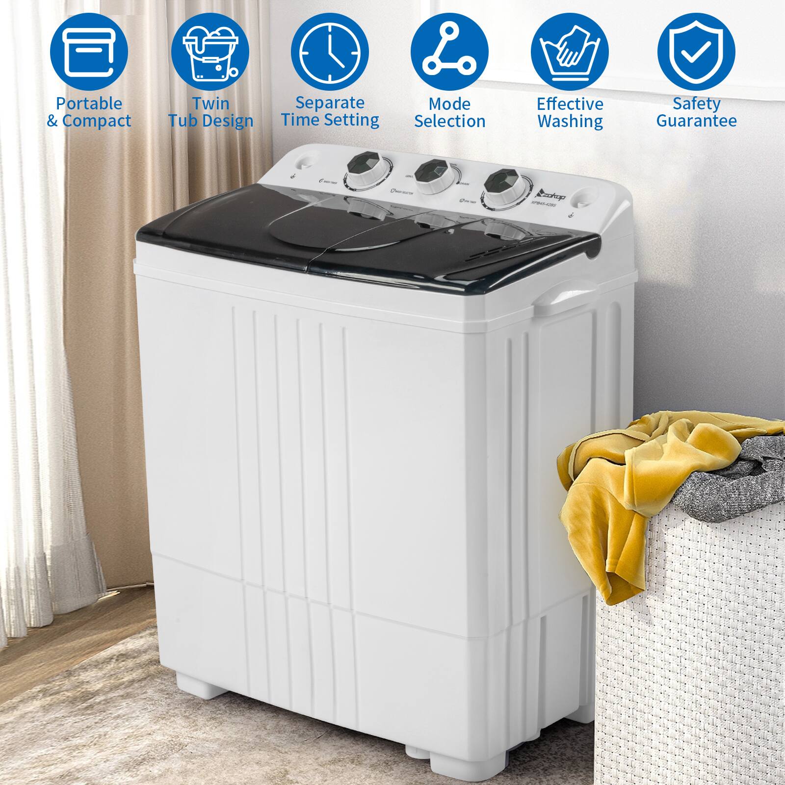 Portable & Compact  
Twin Tub Design  
Separate Time Setting  
Mode Selection  
Effective Washing  
Safety Guarantee