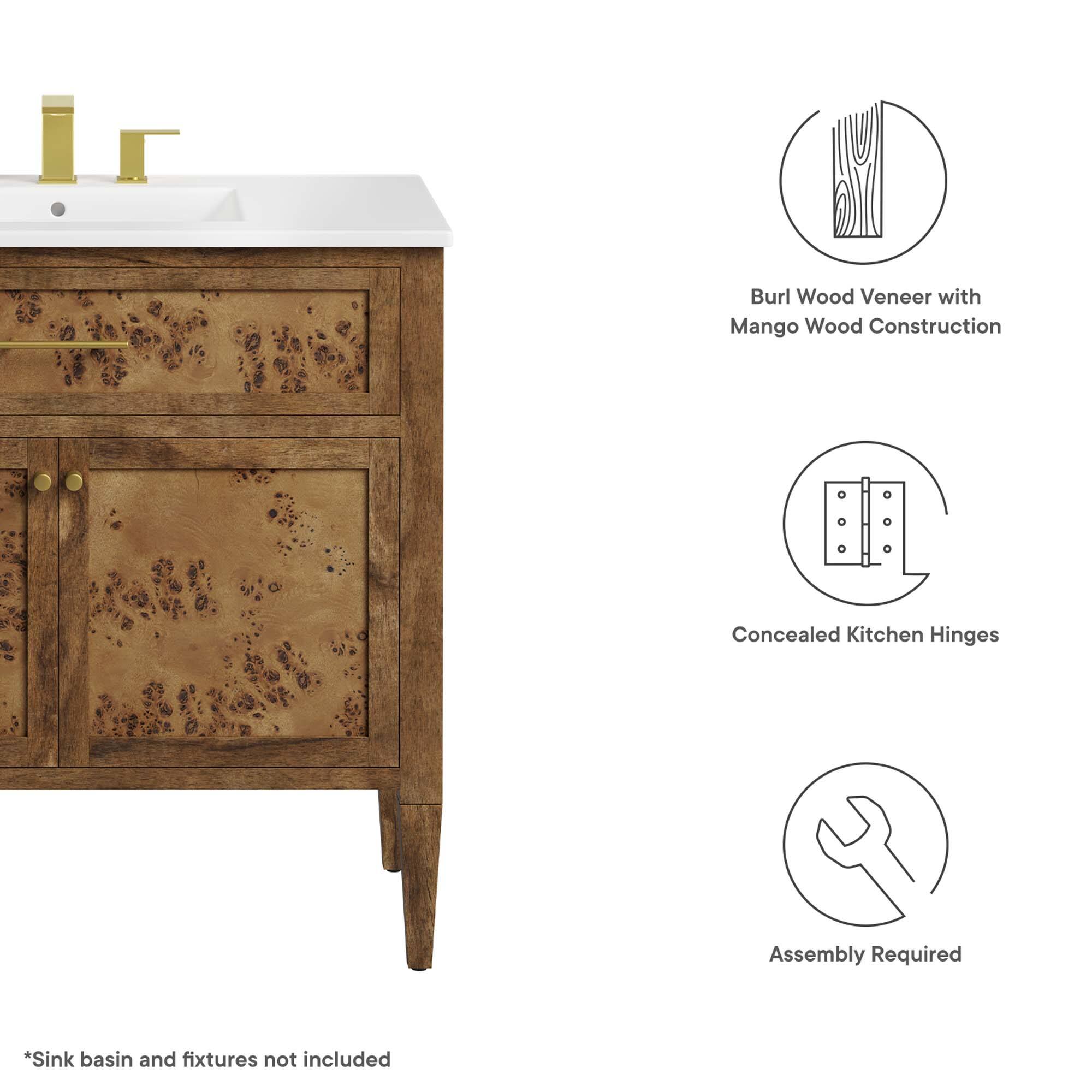 Burl Wood Veneer with Mango Wood Construction  
Concealed Kitchen Hinges  
Assembly Required  

*Sink basin and fixtures not included