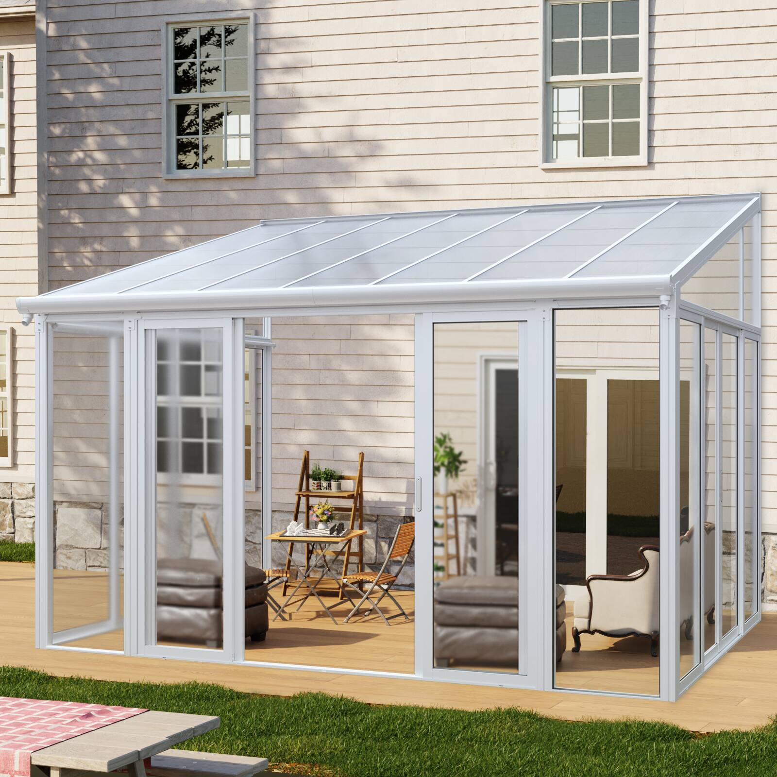 Angle. Mondawe - 10×14 ft Season Sunroom with 3 Lockable Sliding Doors - White.