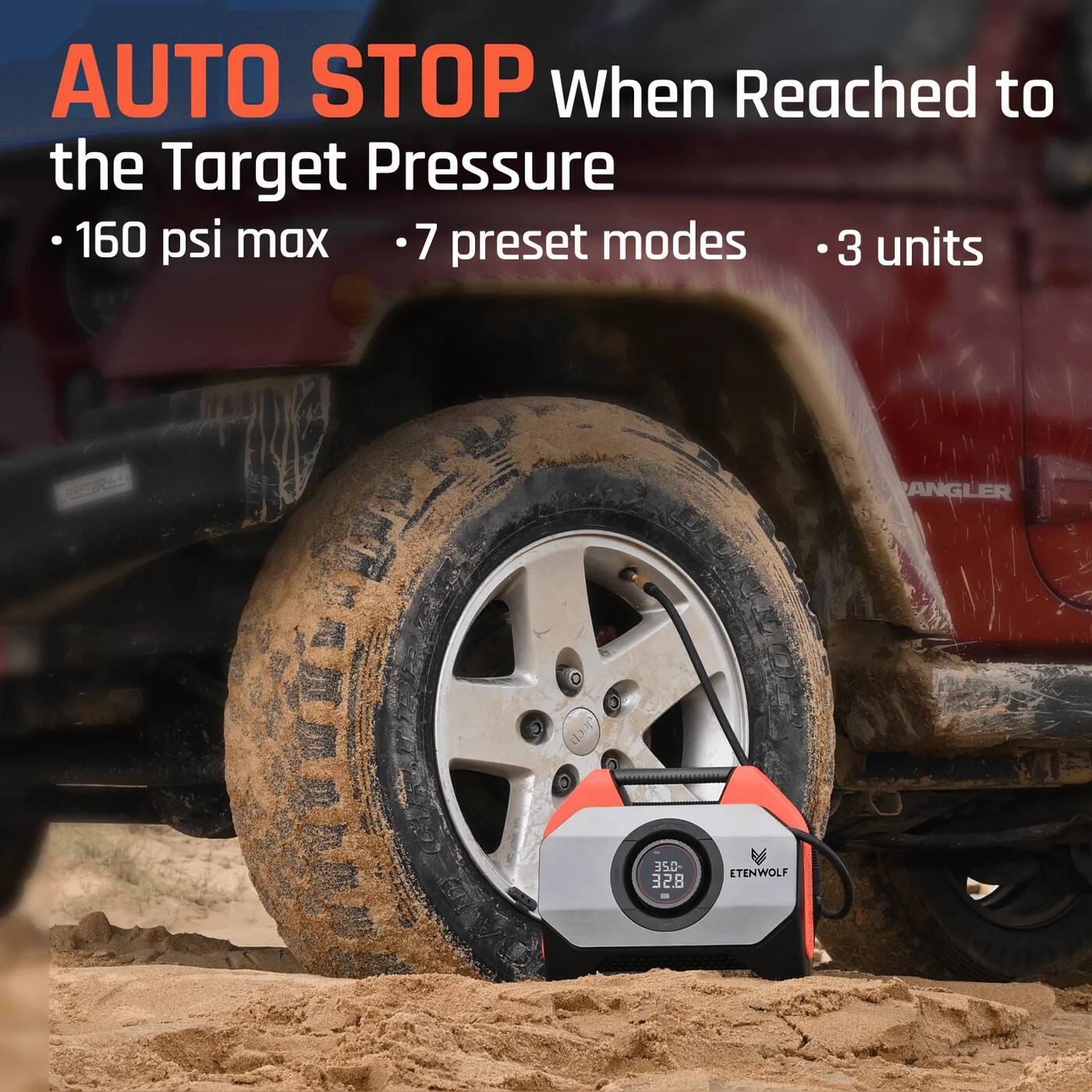 AUTO STOP When Reached to the Target Pressure  
- 160 psi max  
- 7 preset modes  
- 3 units  

ETENWOLF ANGLER