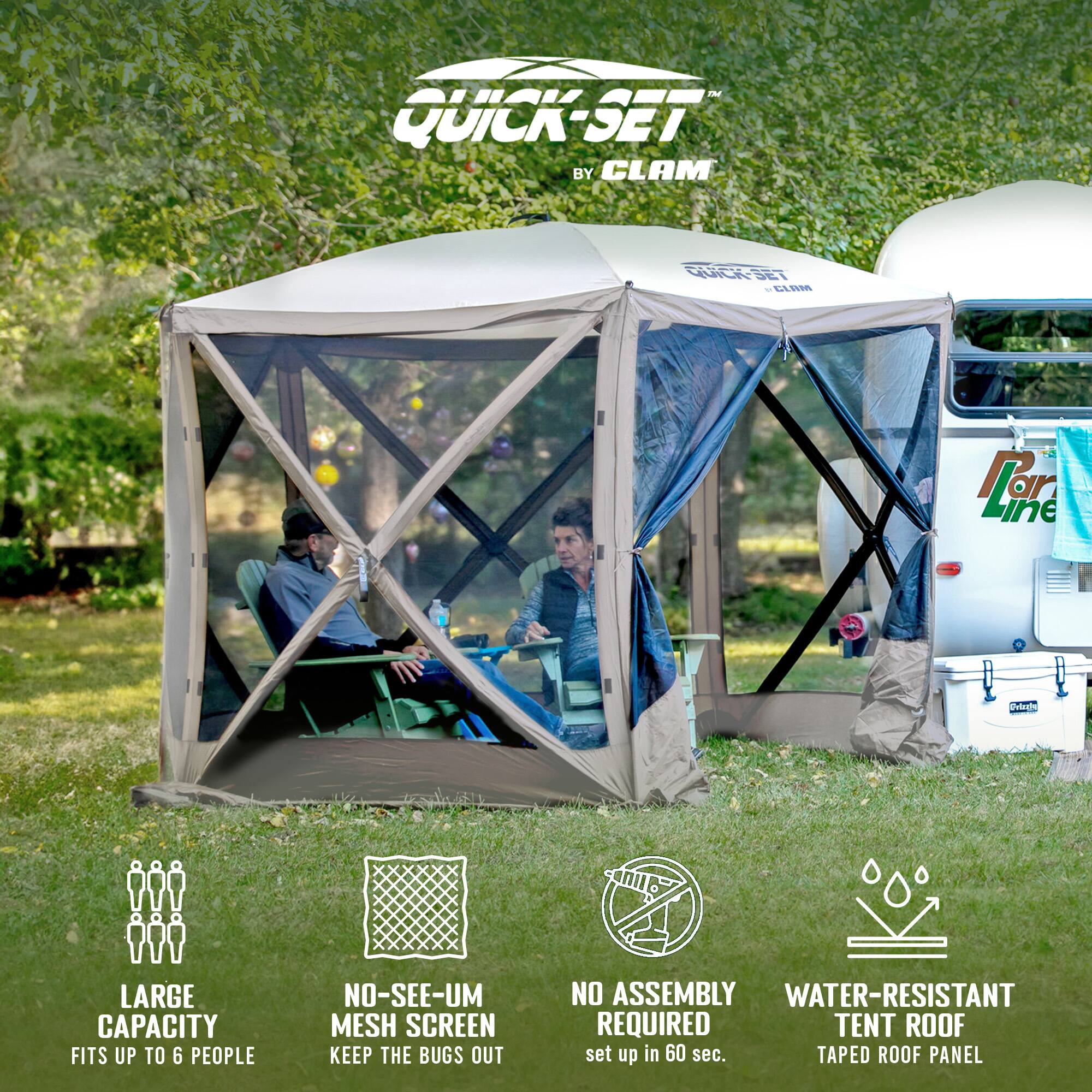 - QUICK-SET BY CLAM
- LARGE CAPACITY FITS UP TO 6 PEOPLE
- NO-SEE-UM MESH SCREEN KEEP THE BUGS OUT
- NO ASSEMBLY REQUIRED
- WATER-RESISTANT TENT ROOF set up in 60 sec.
- TAPED ROOF PANEL
