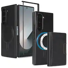 Dteck - 2-in-1 Magnetic Wallet Case for Samsung Galaxy Z Fold7, Shockproof PU Leather Cover with Detachable 7-Card Holder - Black