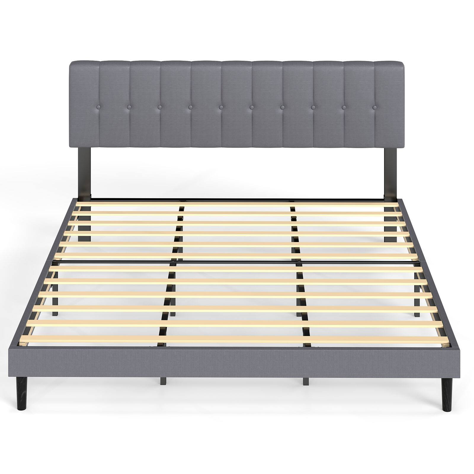 Angle. AENKYO - King Size Bed Frame with High Headboard Upholstered Platform Bed No Box Spring Needed - Gray.