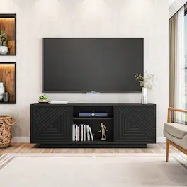 GOODSILO - Modern TV Stand with Hidden Storage and Open Shelving for Screens Up to 70 Inches - Black