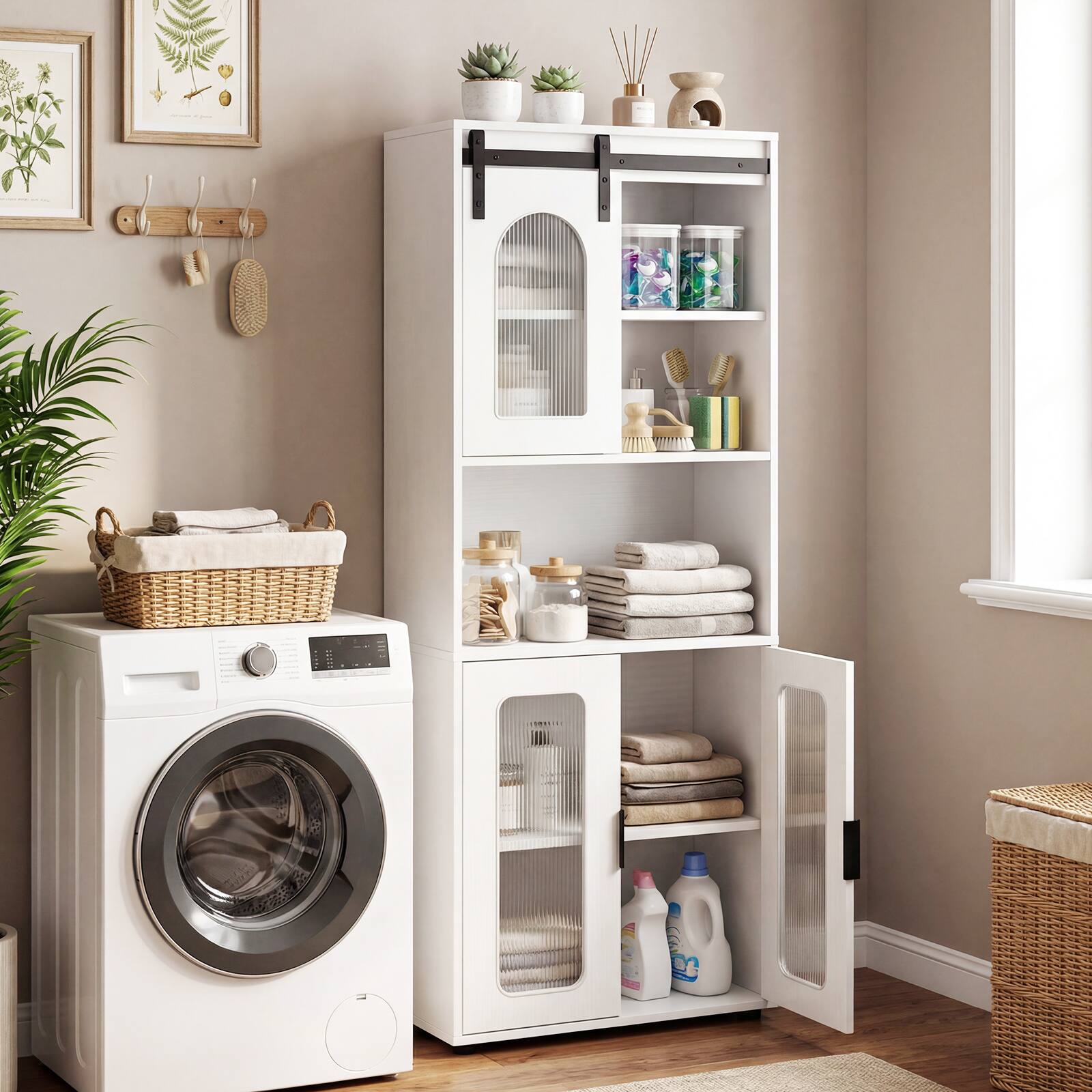 Alt View 4. Gymax - Gymax Farmhouse Bathroom Floor Cabinet 59"H Freestanding Linen Storage Organizer - White.