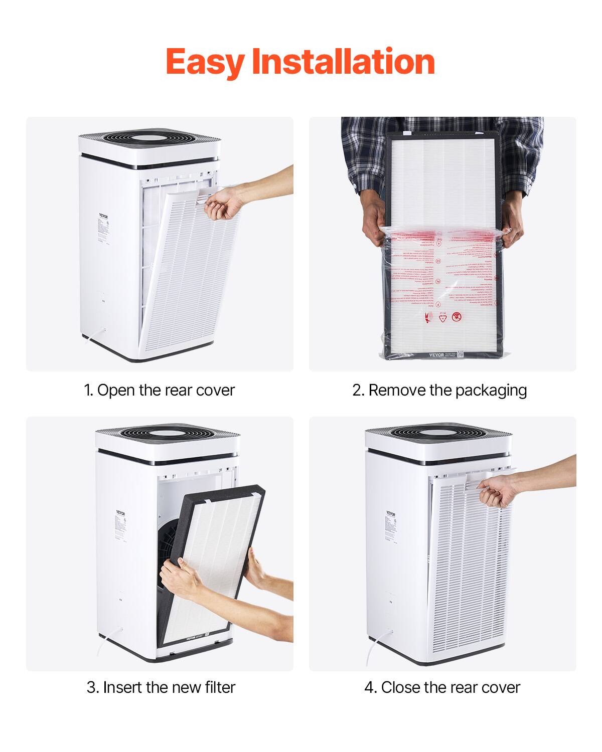 Easy Installation

1. Open the rear cover

2. Remove the packaging

3. Insert the new filter

4. Close the rear cover