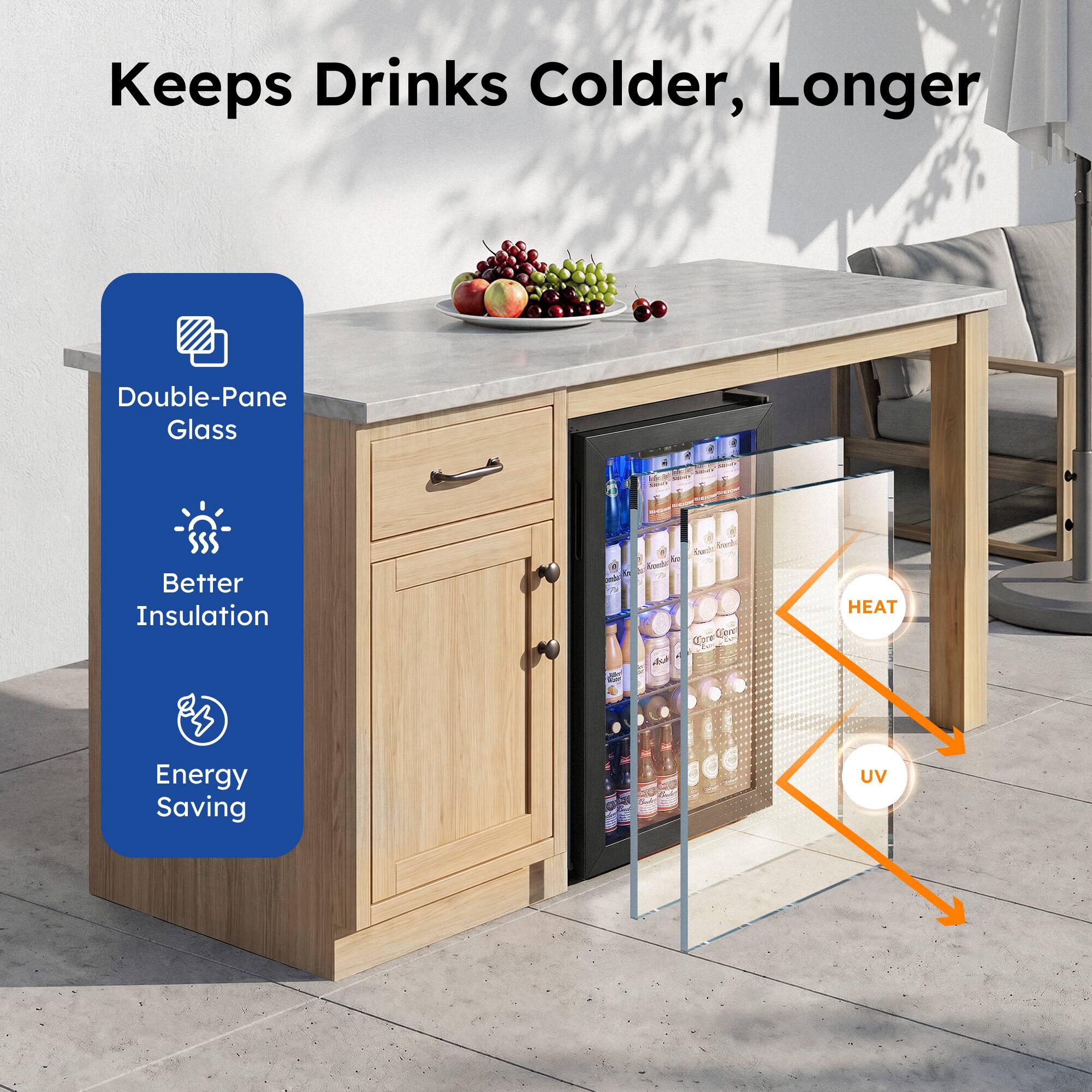 Keeps Drinks Colder, Longer

Double-Pane Glass
Better Insulation
Energy Saving

HEAT
UV