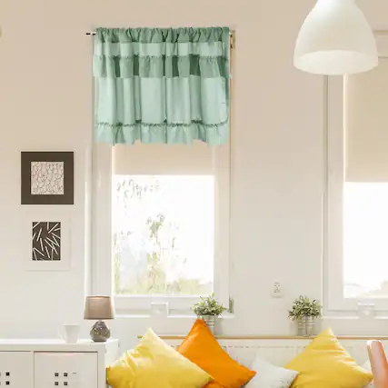 Front. Unique Bargains - Ruffle Valance Curtain, 17.7x39 in, Pleated Rustic Half Light Filtering Rod Pocket for Bathroom Bedroom, 1 Panel - Green.