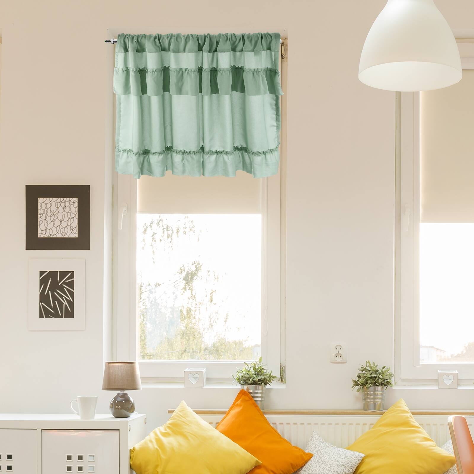 Front. Unique Bargains - Ruffle Valance Curtain, 17.7x39 in, Pleated Rustic Half Light Filtering Rod Pocket for Bathroom Bedroom, 1 Panel - Green.