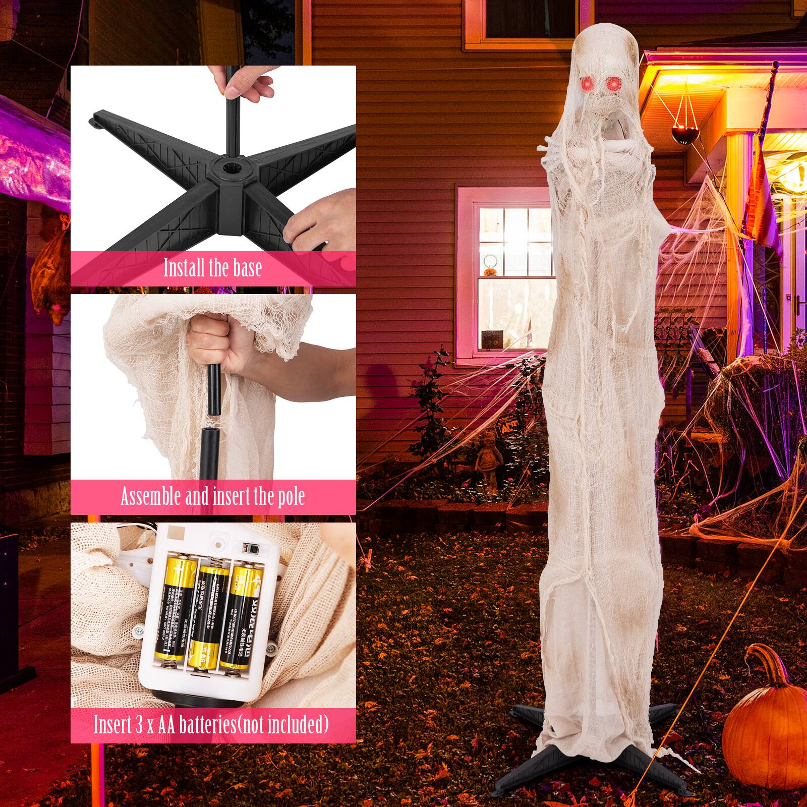 Install the base, assemble and insert the pole, and insert 3 X AA batteries (not included).