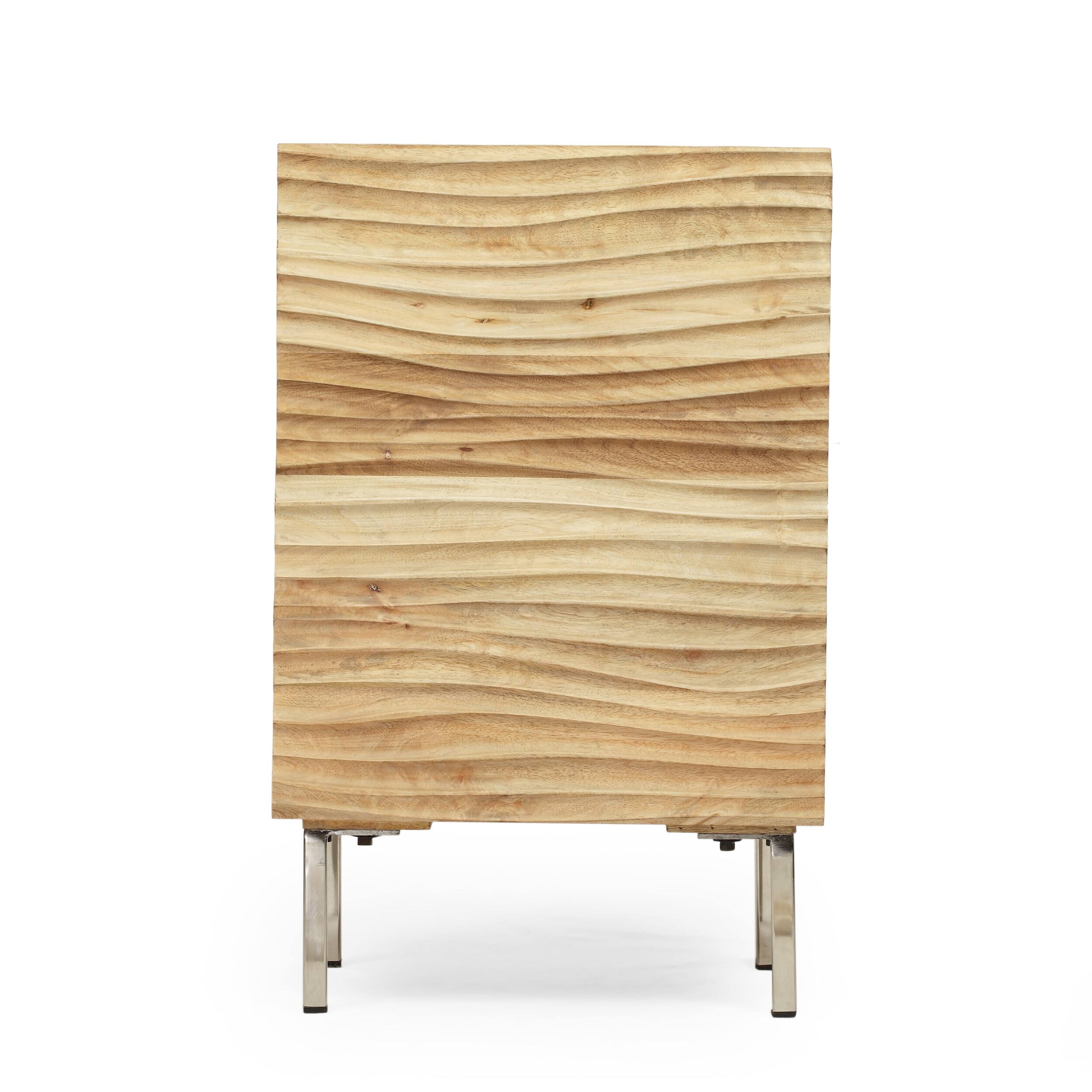 Left. Whisen - Modern Mango Wood Nightstand, Handcrafted Bedside Table with Wave-Design Door and Iron Legs - Natural.
