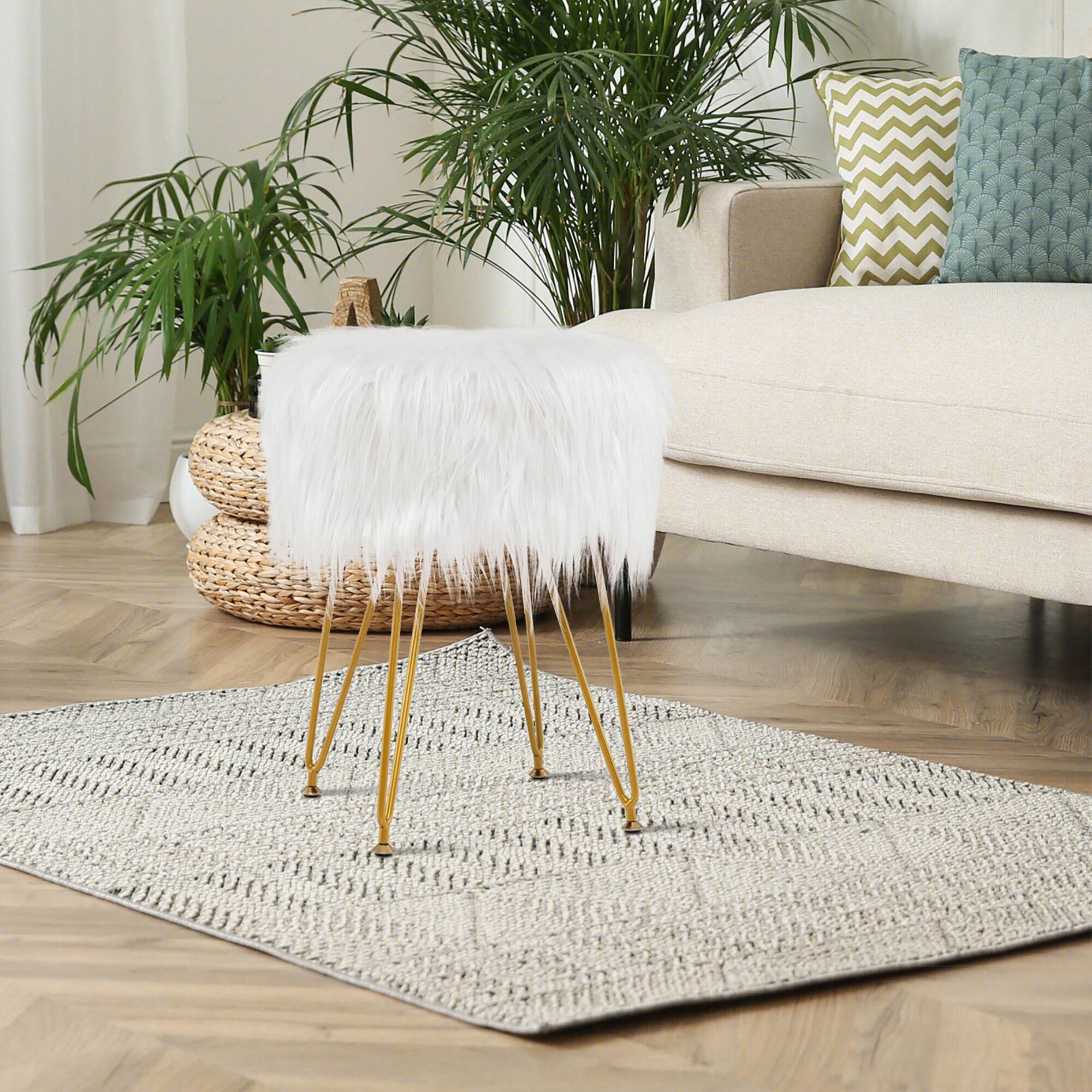 Alt View 1. Gymax - Gymax Vanity Chair Makeup Stool Furry Padded Seat Round Ottoman White - White.
