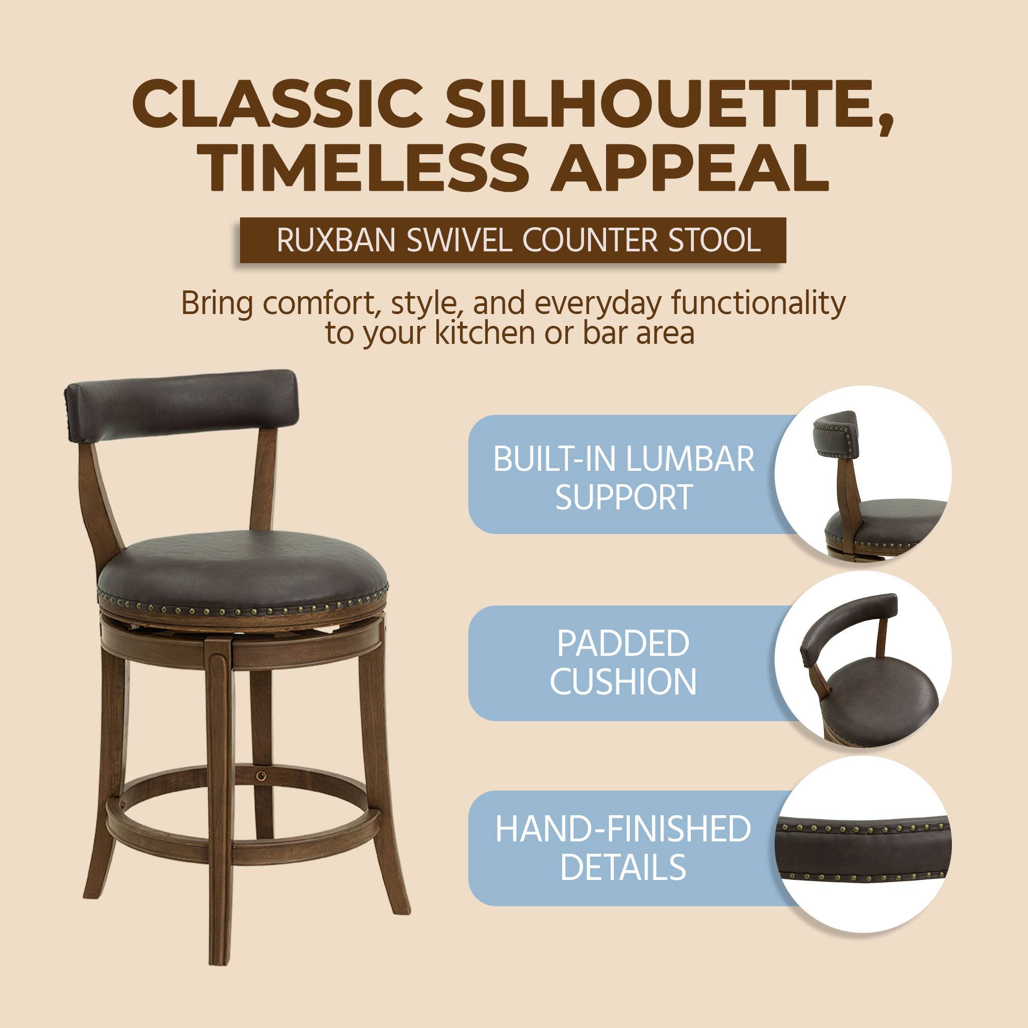 CLASSIC SILHOUETTE, TIMELESS APPEAL  
RUXBAN SWIVEL COUNTER STOOL  
Bring comfort, style, and everyday functionality to your kitchen or bar area  

- BUILT-IN LUMBAR SUPPORT  
- PADDED CUSHION  
- HAND-FINISHED DETAILS