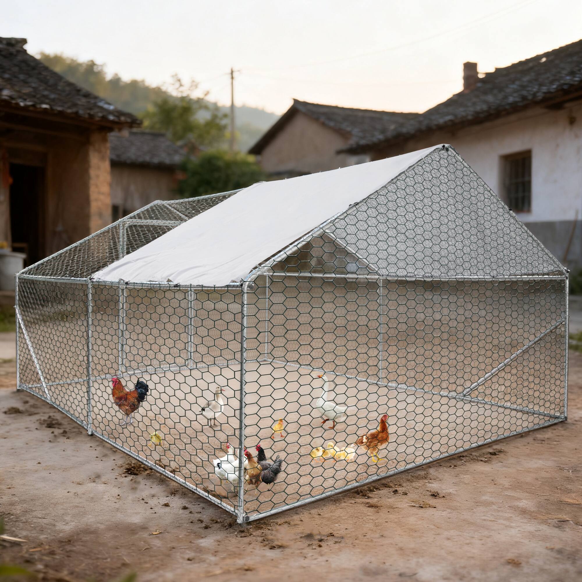 Left. Loheer - Spacious Metal Chicken Coop 13.1 x 9.8 x 6.6 ft Outdoor Chicken Run with Rain Cover..
