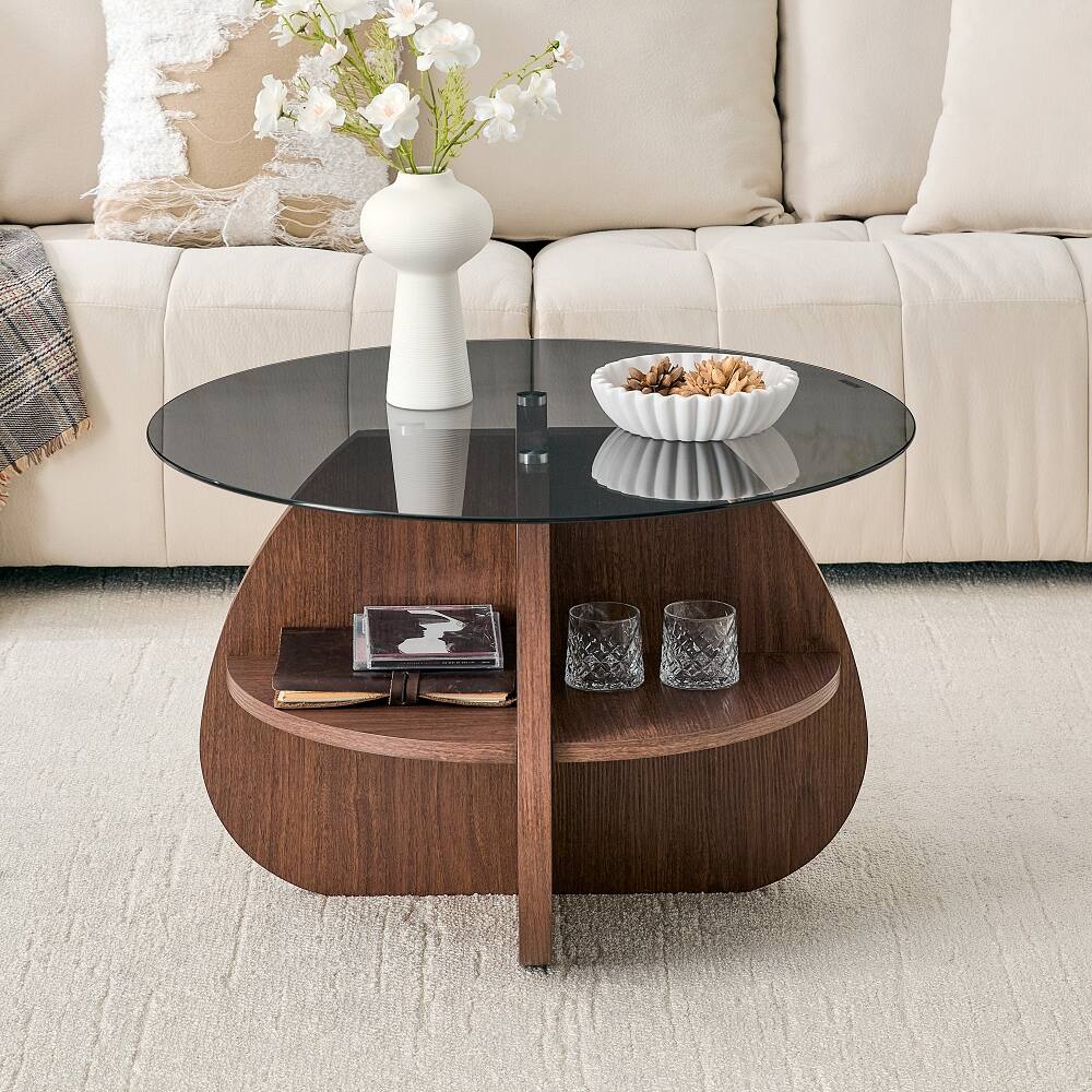 Angle. Loheer - Loheer Round Coffee Table with Storage Gray Glass Top Walnut Base - Gray.