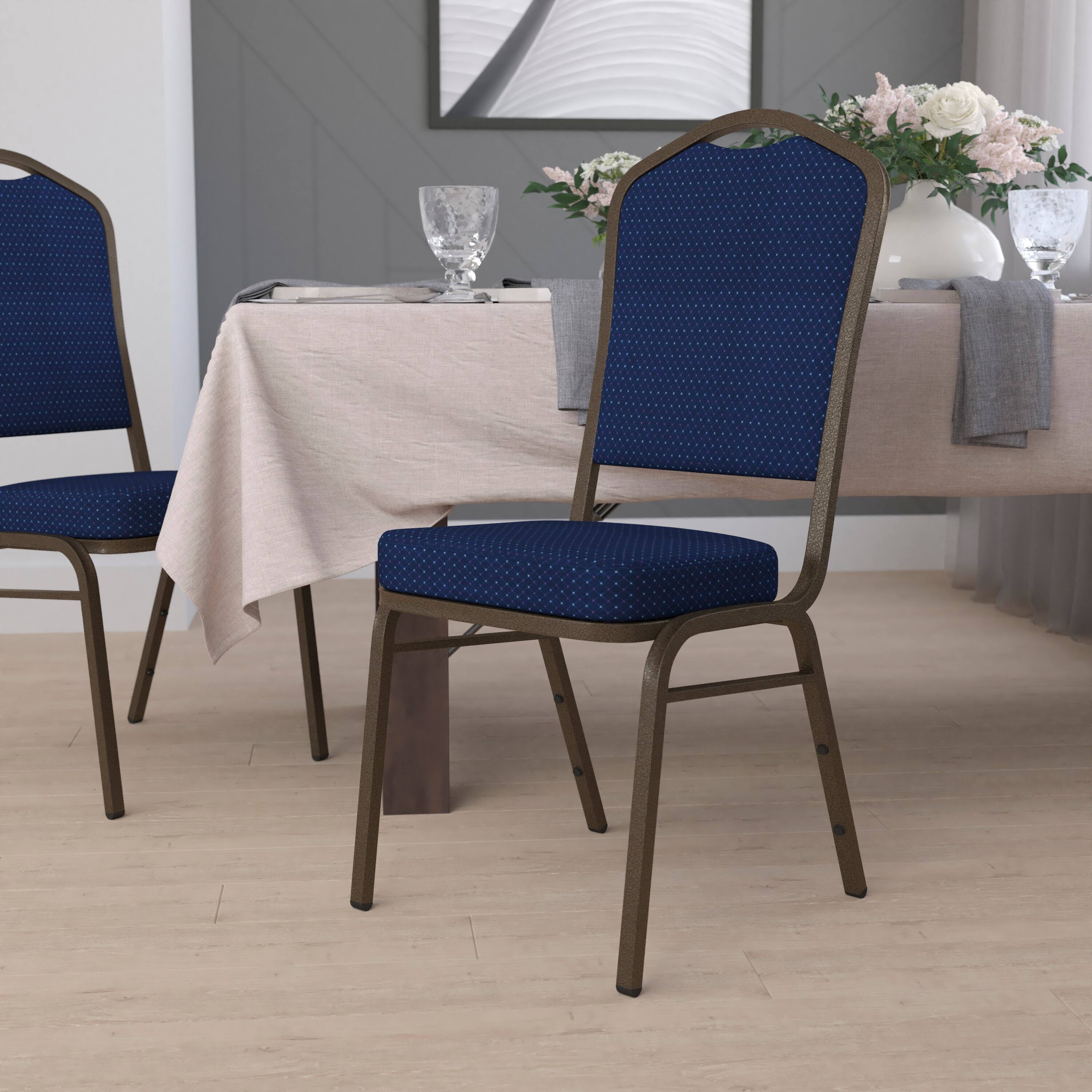Alt View 1. Emma + Oliver - Crown Back Stacking Banquet Dining Chair - Navy Blue Patterned Fabric/Gold Vein Frame.