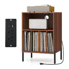 Front. Gymax - Gymax Record Player Stand w/Charging Station 5 Storage Compartments Anti-toppling Kits - Walnut.