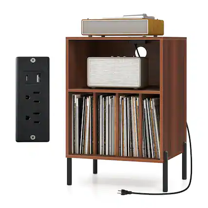 Front. Gymax - Gymax Record Player Stand w/Charging Station 5 Storage Compartments Anti-toppling Kits - Walnut.