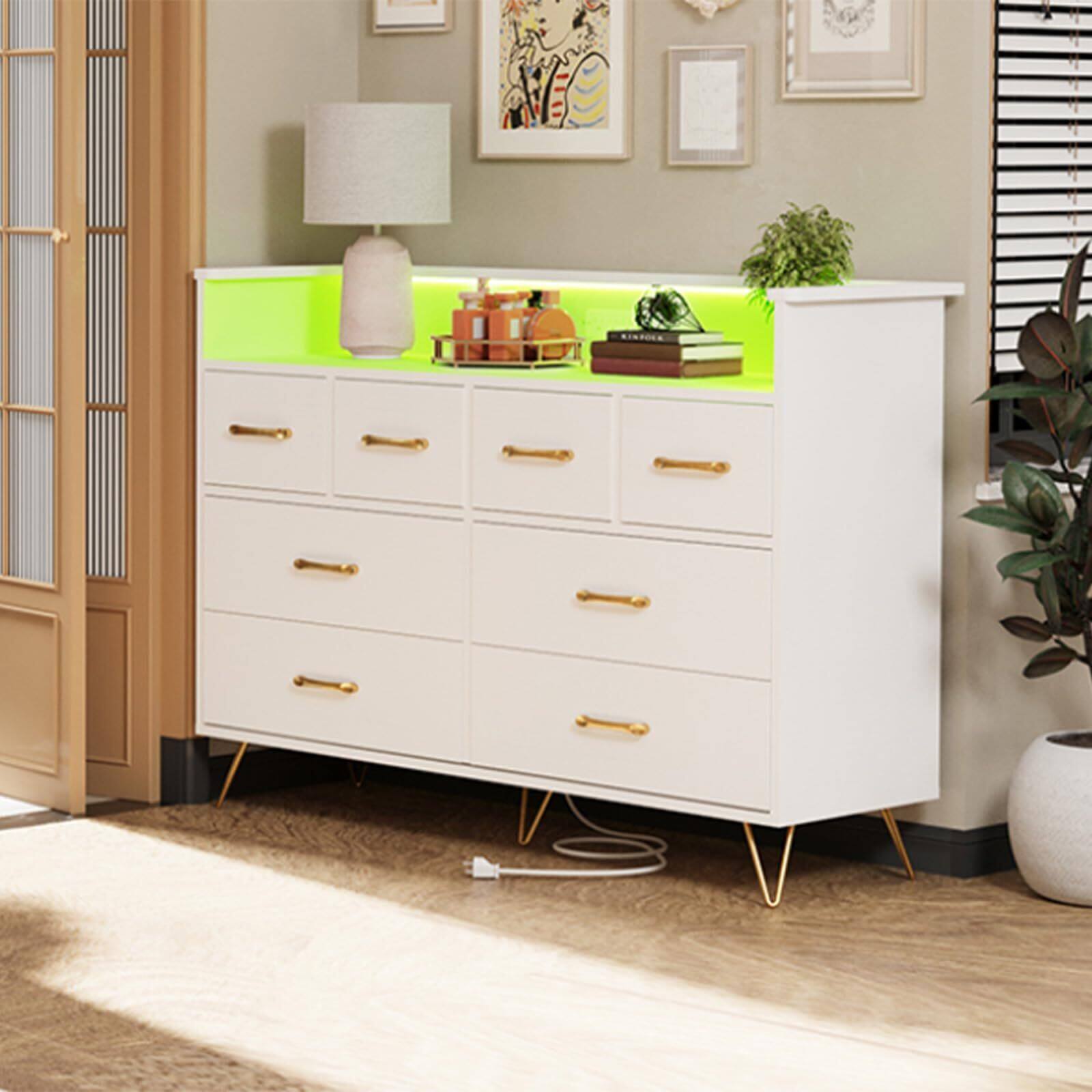 Alt View 8. Jojoka - 55" TV Stand, with Charging Station and LED Lights, for Bedroom, 8 Wide Drawers Wooden TV Stand  - White.