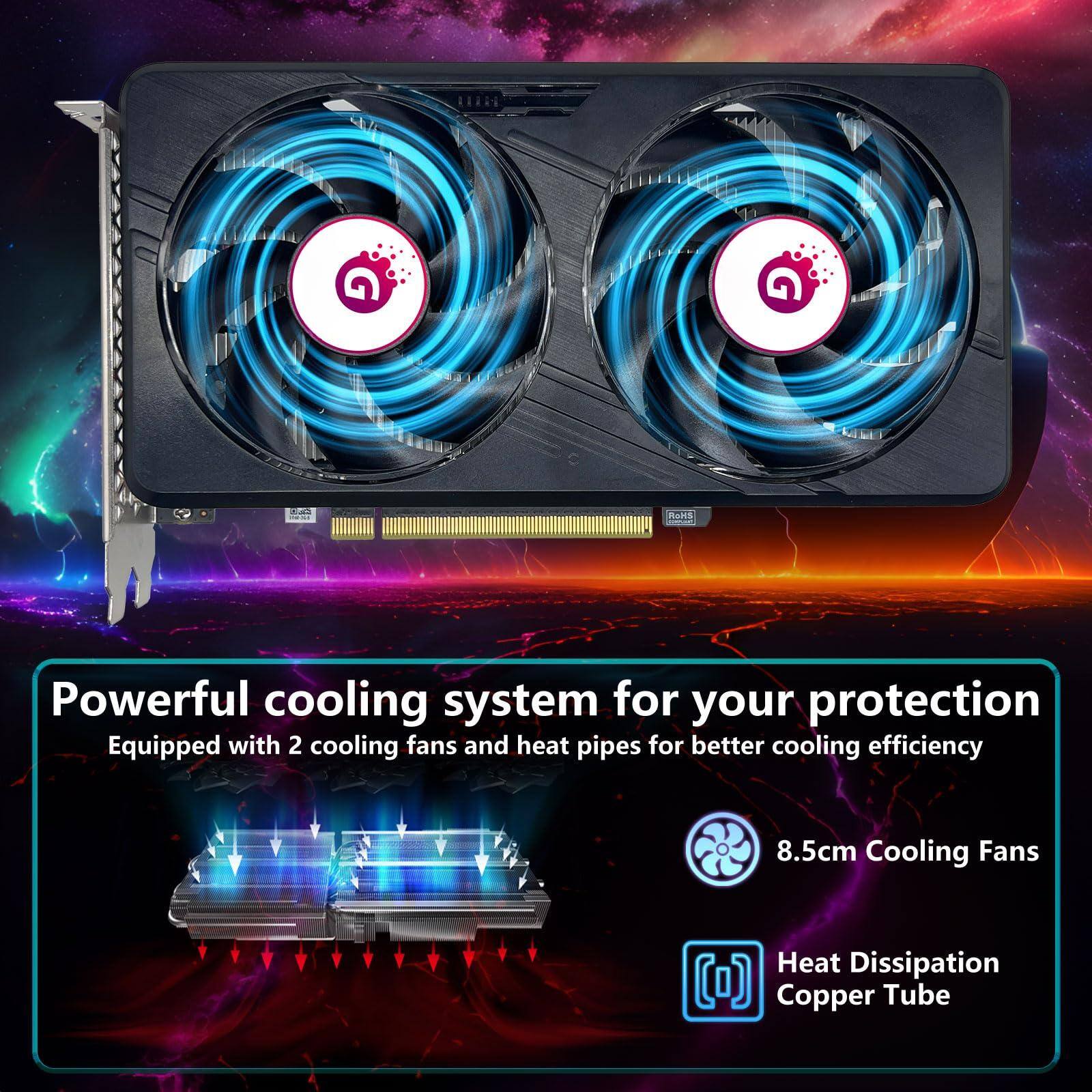 Powerful cooling system for your protection  
Equipped with 2 cooling fans and heat pipes for better cooling efficiency  

8.5cm Cooling Fans  
Heat Dissipation Copper Tube