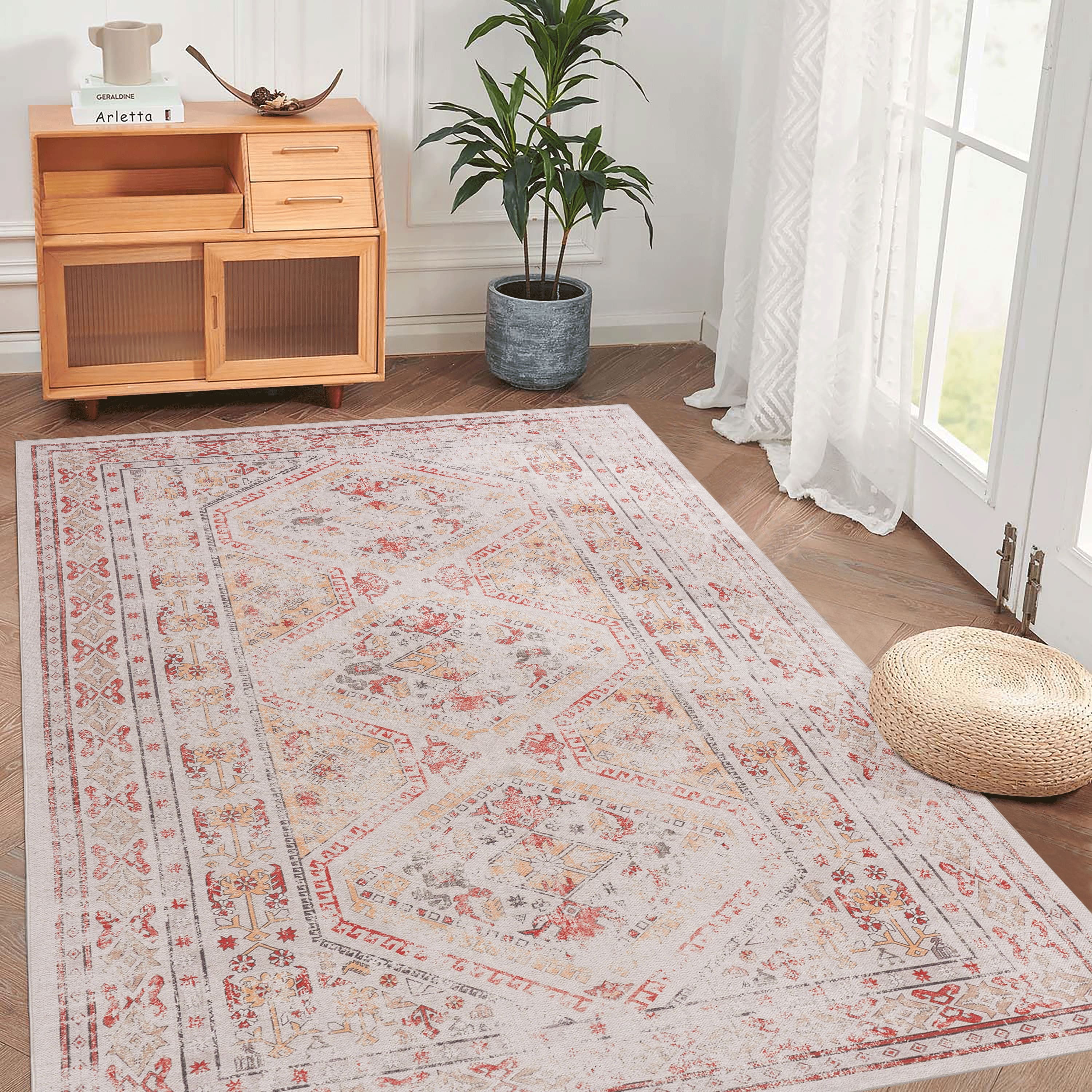 APRILSOUL - Machine Washable 8x10 Boho Area Rug Super Soft Non Slip Stain Resistant Foldable - Beige