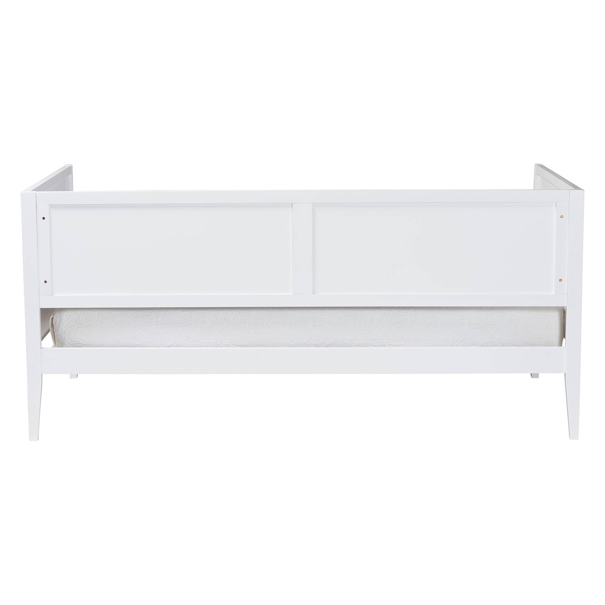 Left. Baxton Studio - Lara Twin Daybed - Modern Wood Bed Frame with Wraparound Laser-Cut Decorative Headboard Overlay - White.
