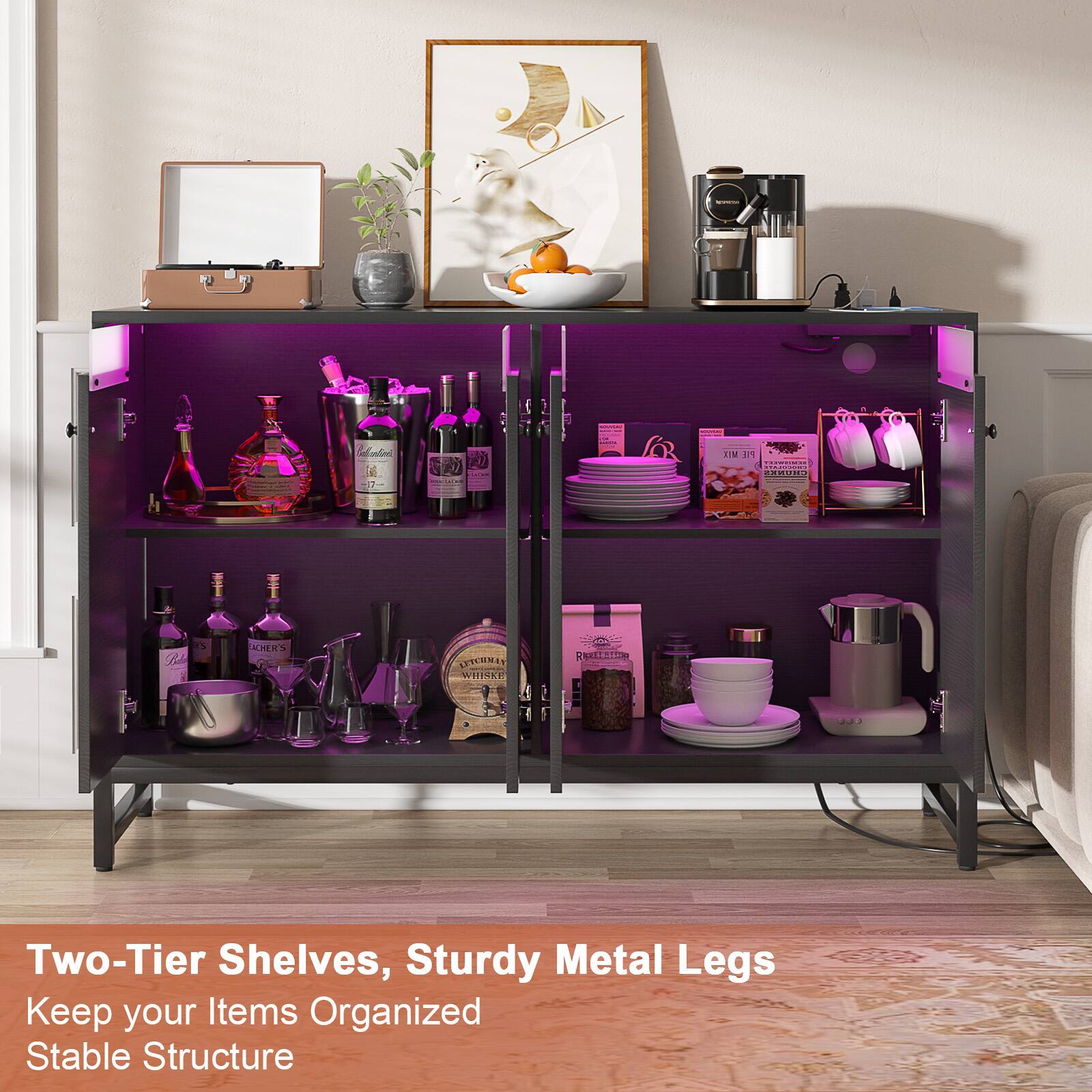 Two-Tier Shelves, Sturdy Metal Legs  
Keep your Items Organized  
Stable Structure