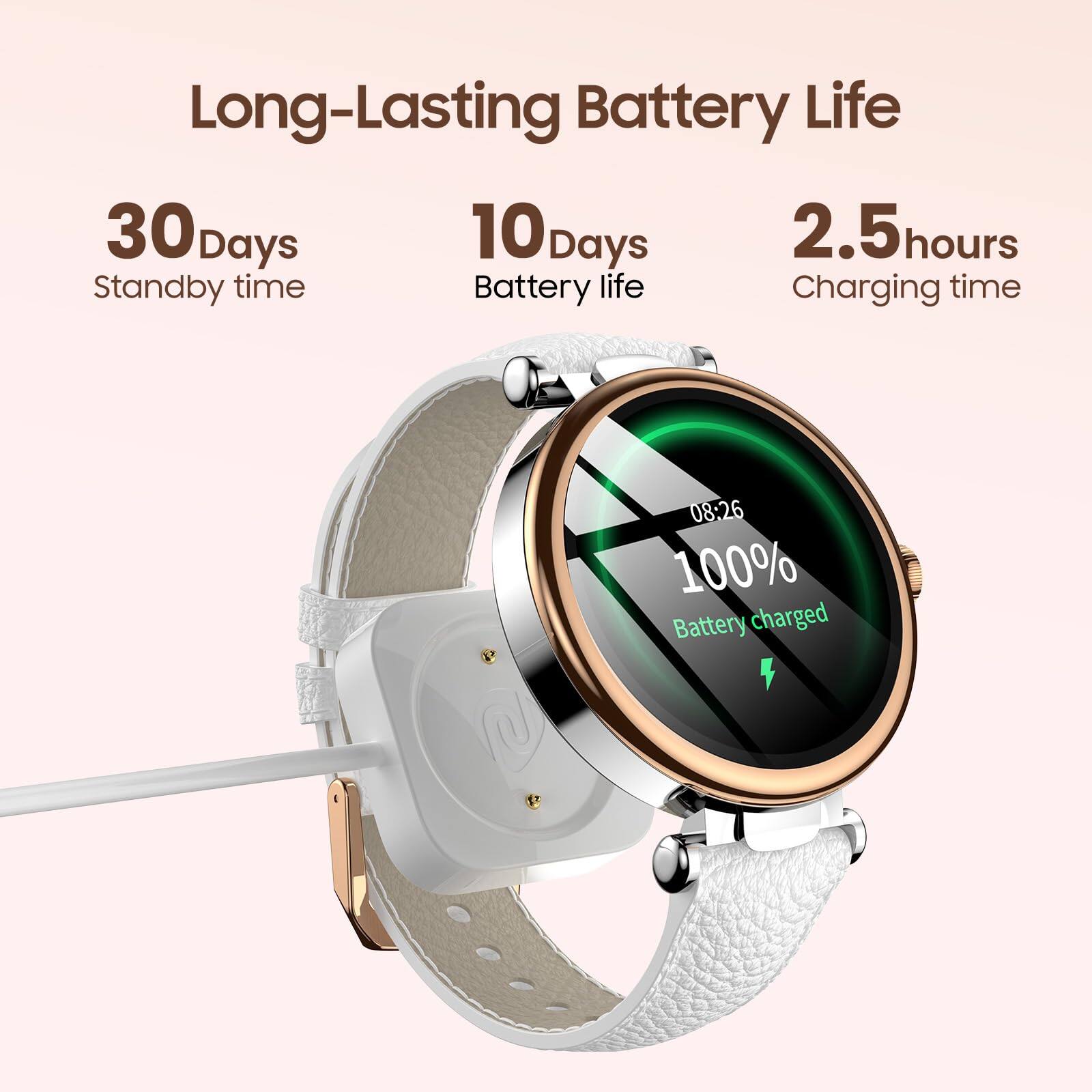 Long-Lasting Battery Life  
30 Days Standby time  
10 Days Battery life  
2.5 hours Charging time  
08:26  
100% Battery charged