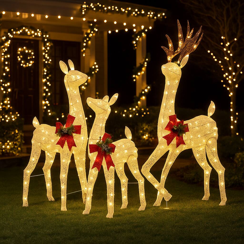 Angle. BreeBe - Christmas Reindeer Trio with 230 Warm LED Lights – Prelit Lawn Décor - White.
