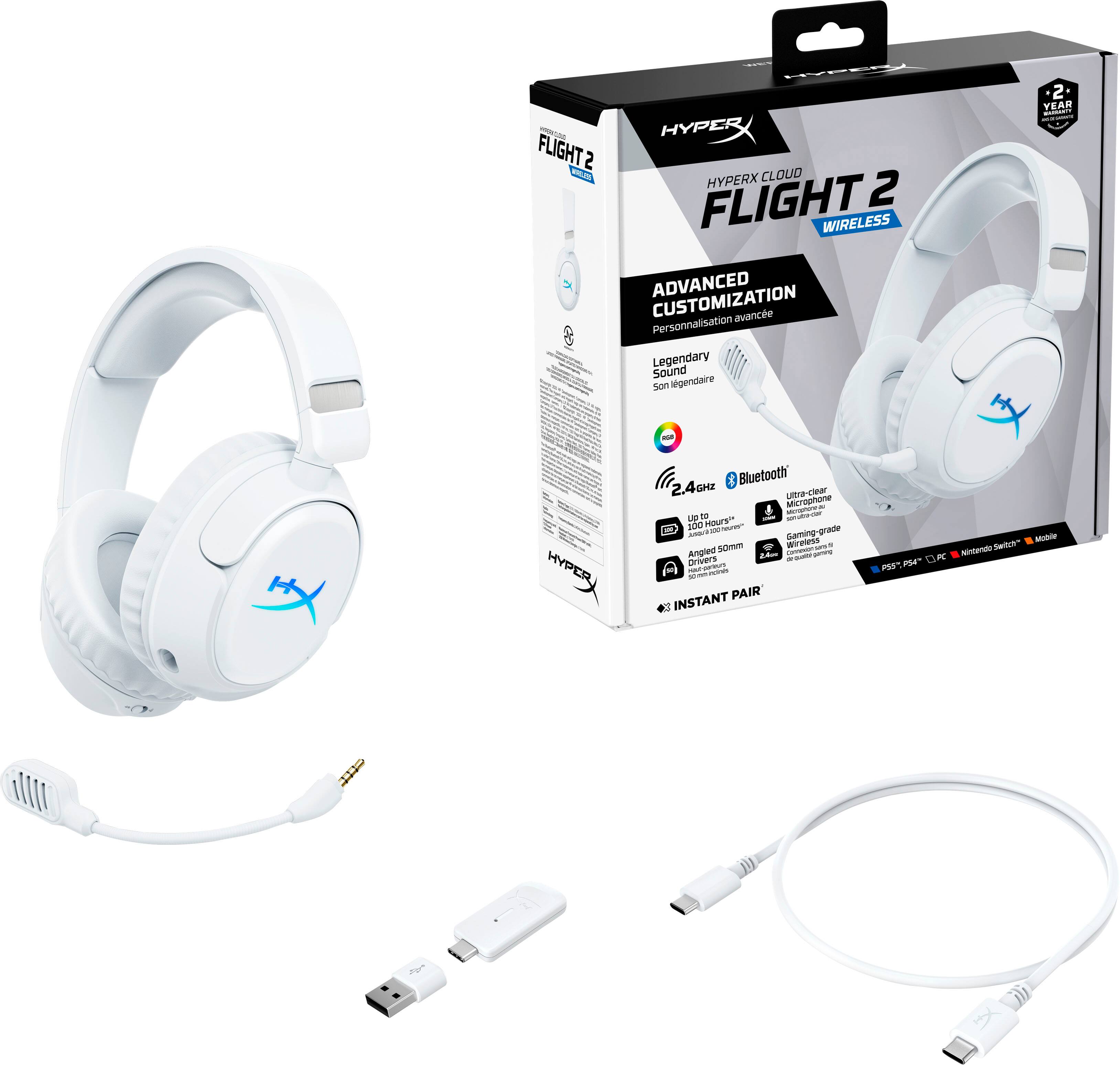 Sure, here is the corrected and grouped text from the image:

---

**HyperX Cloud Flight 2 Wireless**

- **Advanced Customization**
  - Personalisation avancée

- **Legendary Sound**
  - Son légendaire

- **2.4GHz Bluetooth**
  - Ultra-clear Microphone

- **100 Hours**
  - Autonomie 50mm

- **Instant Pair**
  - Pairing instantané

- **2 Year Warranty**

- **Compatibility**
  - PS4, PS5, PC, Nintendo Switch, Mobile

- **Features**
  - Angled Microphone
  - 50mm Drivers
  - 2.4GHz Bluetooth
  - 100 Hours Autonomy
  - Instant Pair

---

This text is organized to reflect the key features and specifications of the HyperX Cloud Flight 2 Wireless headphones.