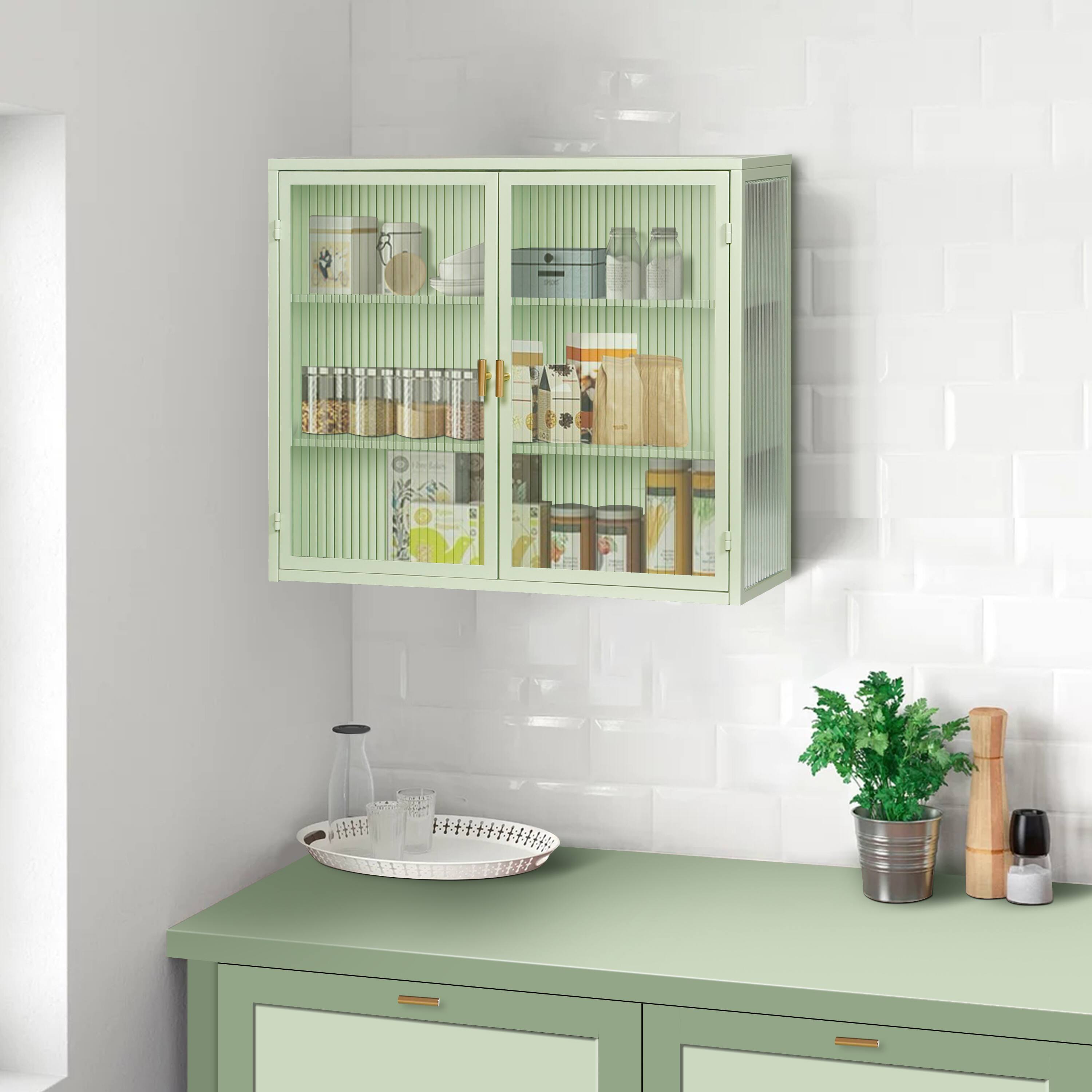 Alt View 1. Spaco - Spaco 27.56" Wall Cabinet with Glass Doors, Modern 2 Door Storage Cabinet with 3 Tier Shelves for Living Bathroom Room - Mint Green.