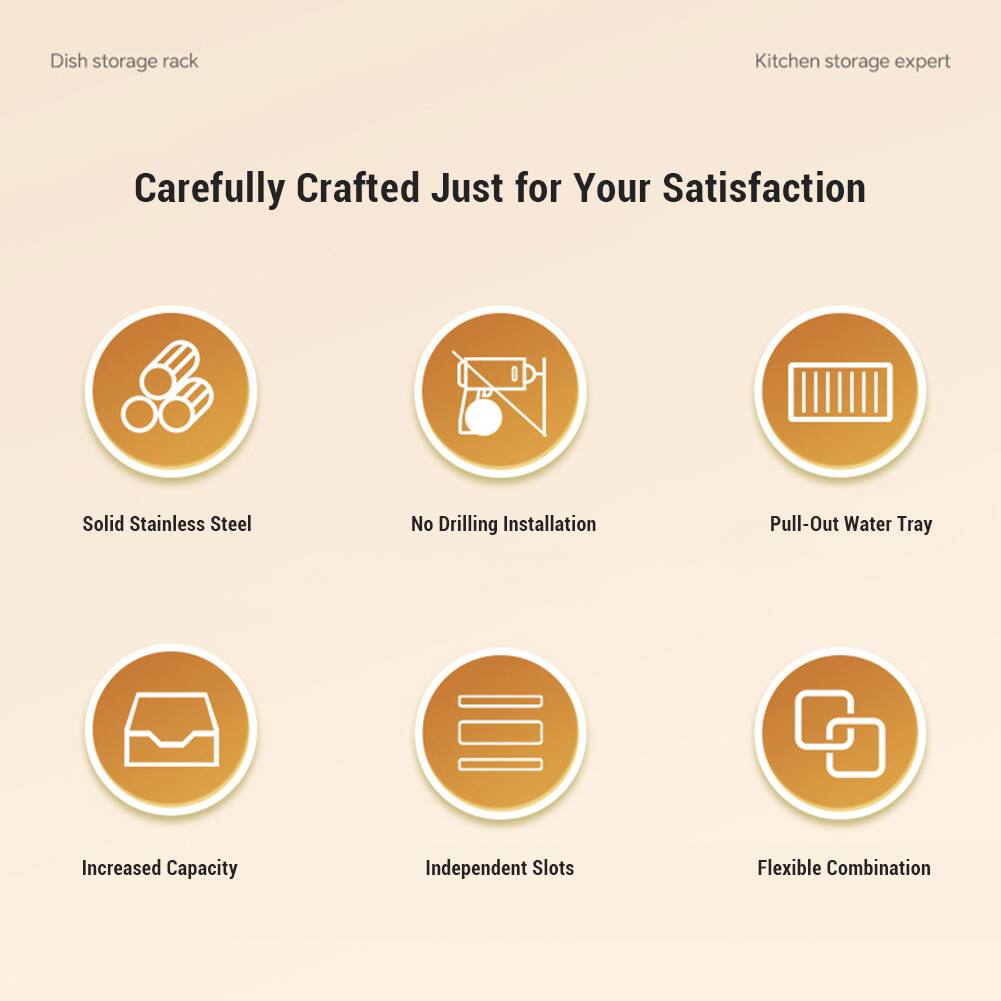 Dish storage rack  
Kitchen storage expert  

Carefully Crafted Just for Your Satisfaction  

- Solid Stainless Steel  
- No Drilling Installation  
- Pull-Out Water Tray  
- Increased Capacity  
- Independent Slots  
- Flexible Combination