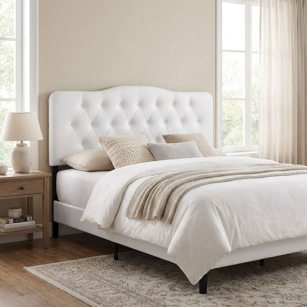 Left. FurniFact - Upholstered Vinyl Full Headboard with Durable Padding and Classic Design - White.