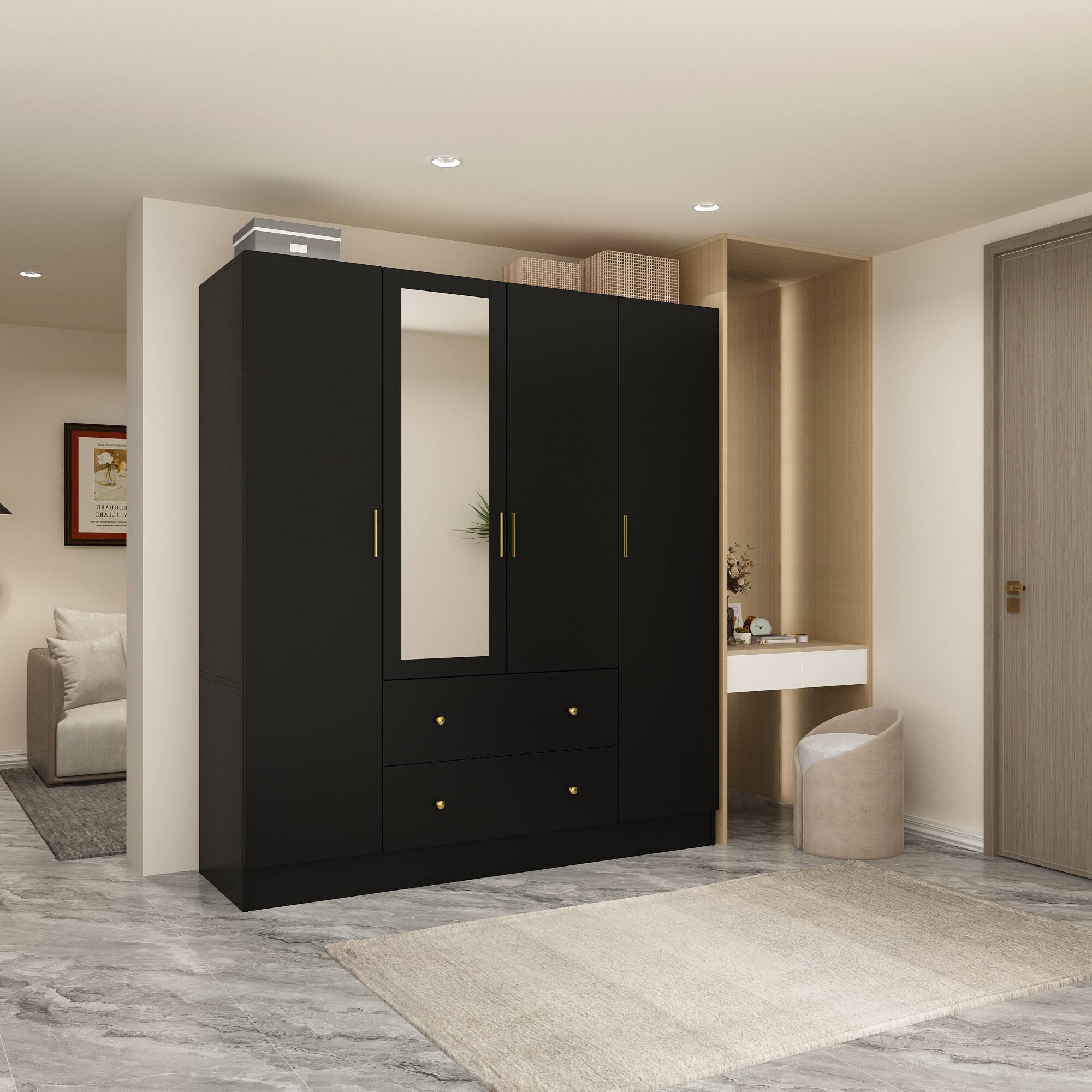 Alt View 10. Famapy - Full-Length Mirror Wardrobe with Drawers & Open Shelves Modern Bedroom Closet for Clothes, Accessories & Organization - Black.