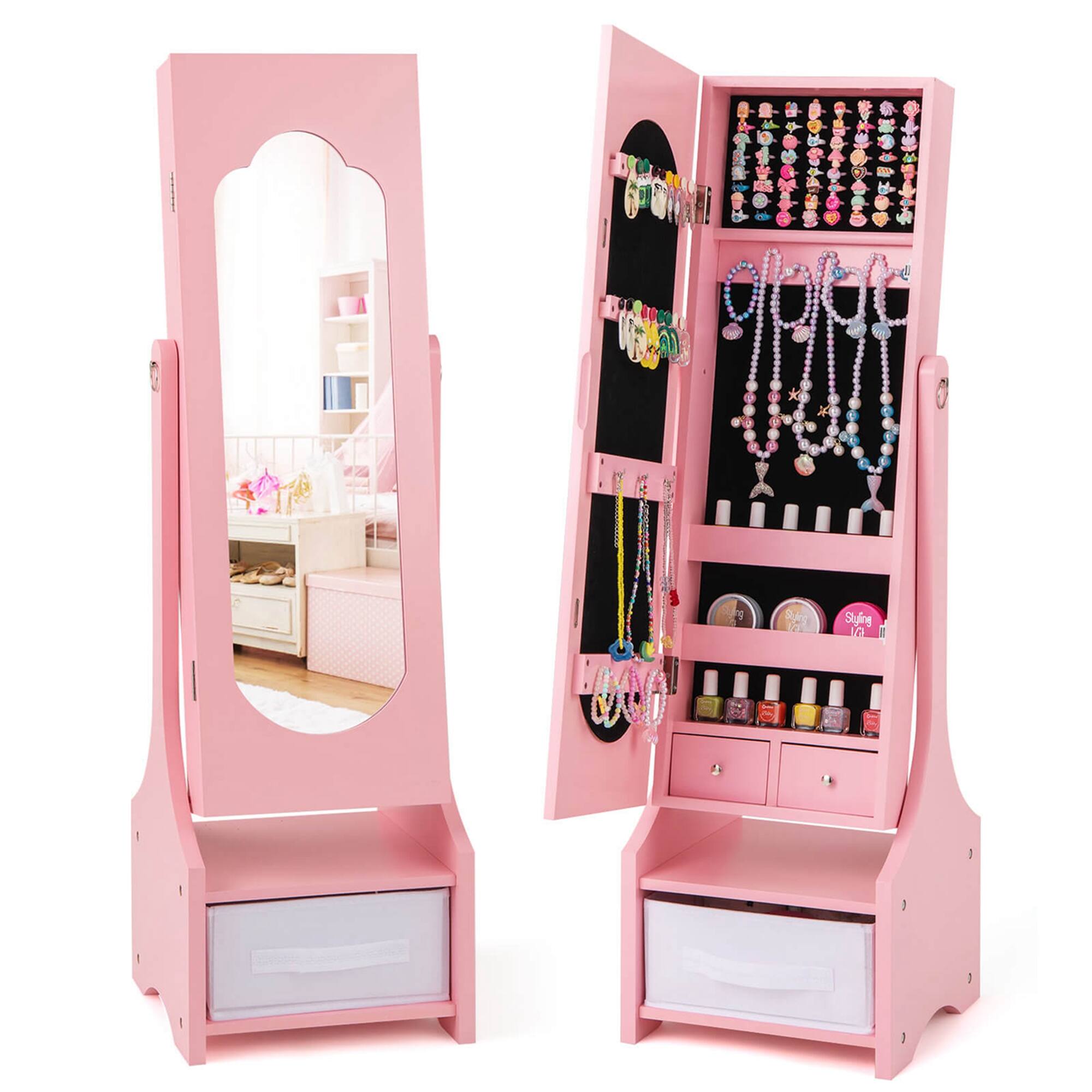 Costway - Kids Jewelry Cabinet with Full-Length Mirror Drawer 2 Adjustable Tilt Angles - Pink