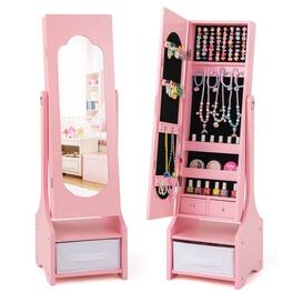 Costway - Kids Jewelry Cabinet with Full-Length Mirror Drawer 2 Adjustable Tilt Angles - Pink