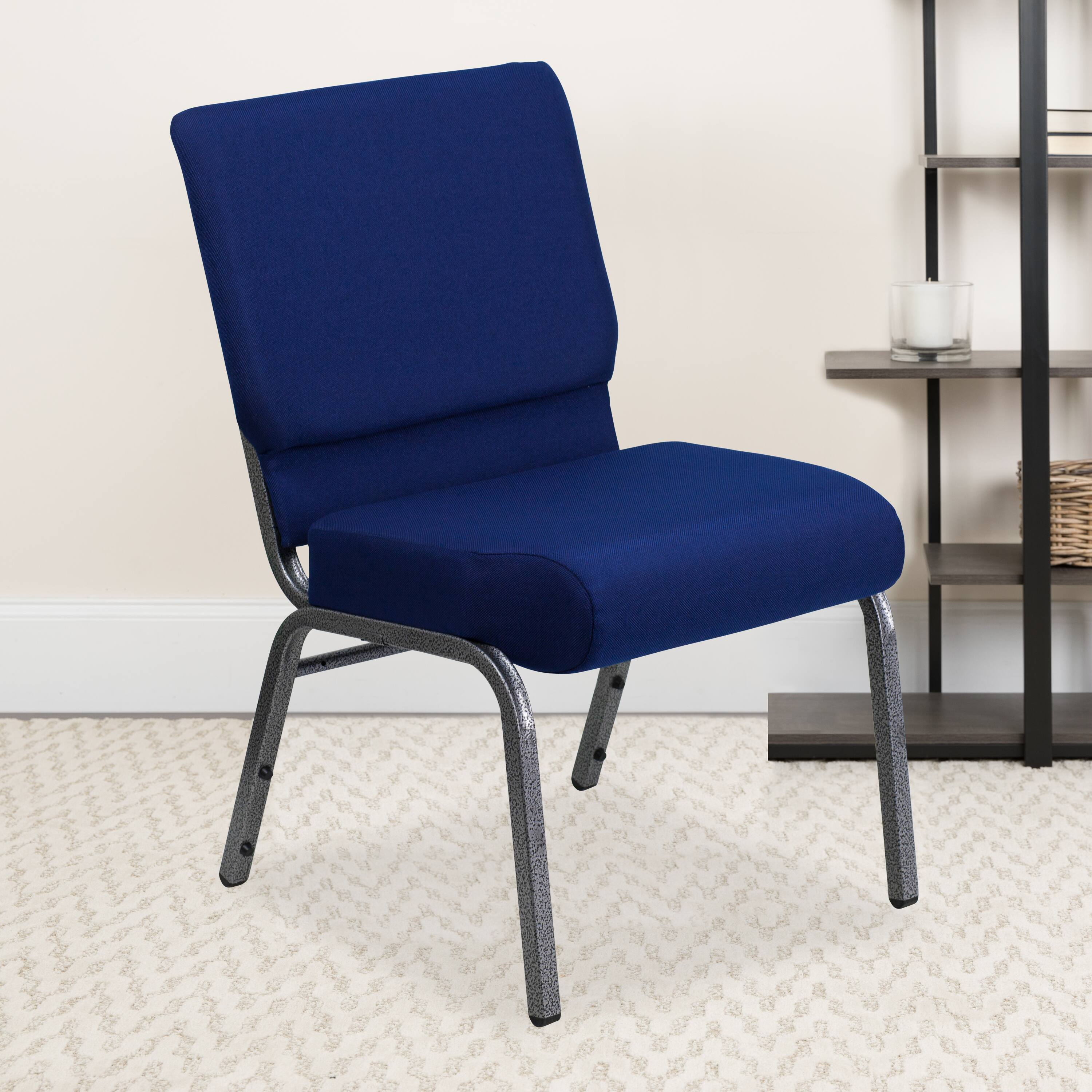 Alt View 2. Emma + Oliver - 4 Pack 21''W Stacking Church Chair - Navy Blue Fabric/Silver Vein Frame.