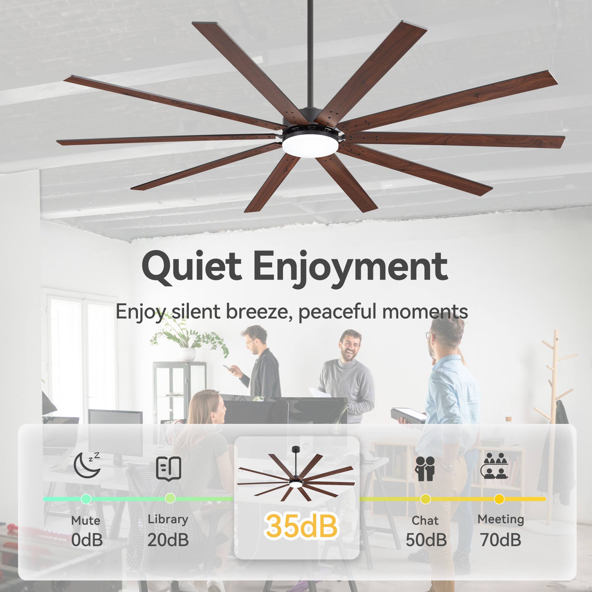 Quiet Enjoyment  
Enjoy silent breeze, peaceful moments  

Mute 0dB  
Library 20dB  
Chat 50dB  
Meeting 70dB  

35dB