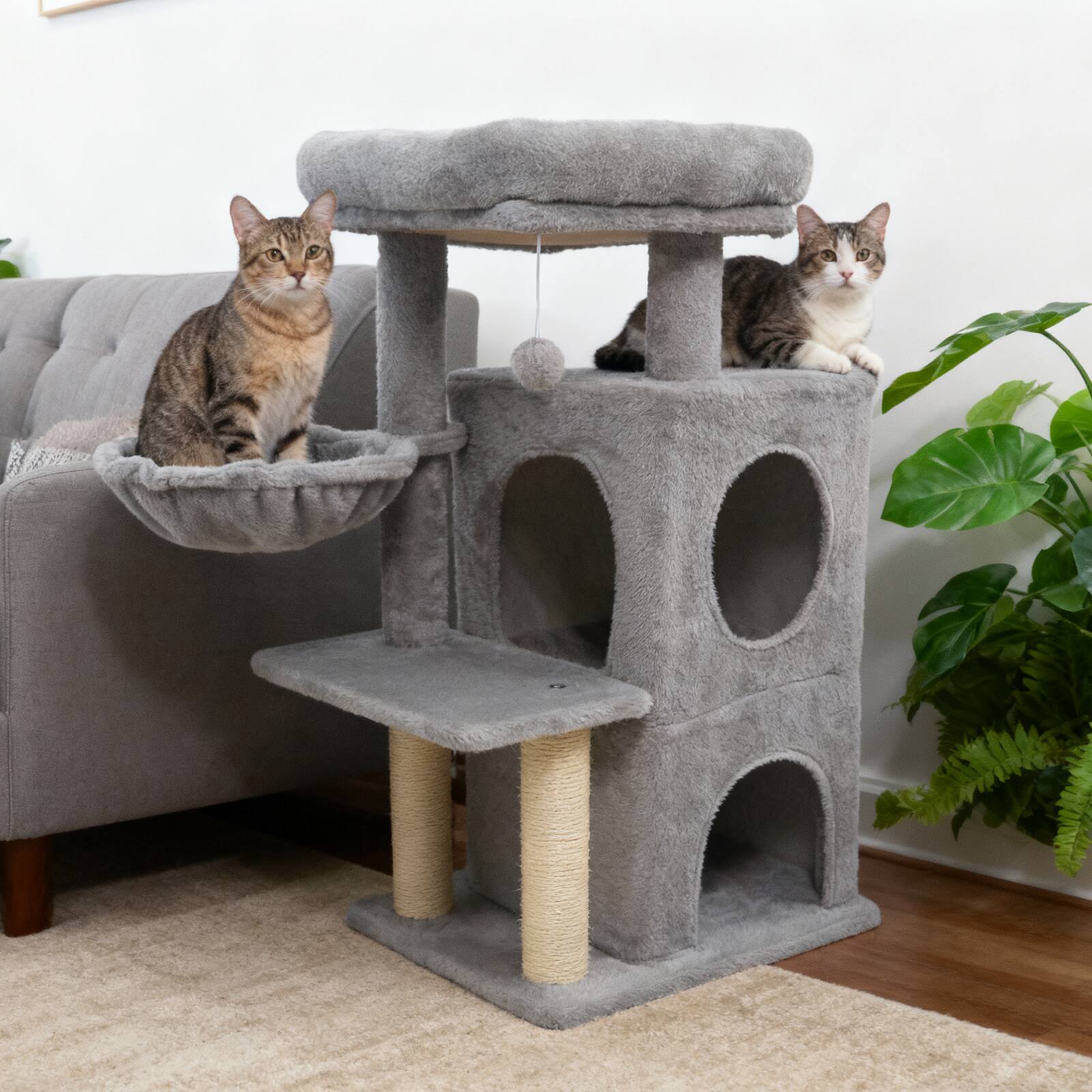Alt View 3. Gymax - Gymax 33.5'' Cat Tree w/ 2-Tier Condo Padded Plush Top Perch Sisal Scratching Posts Light Gray.